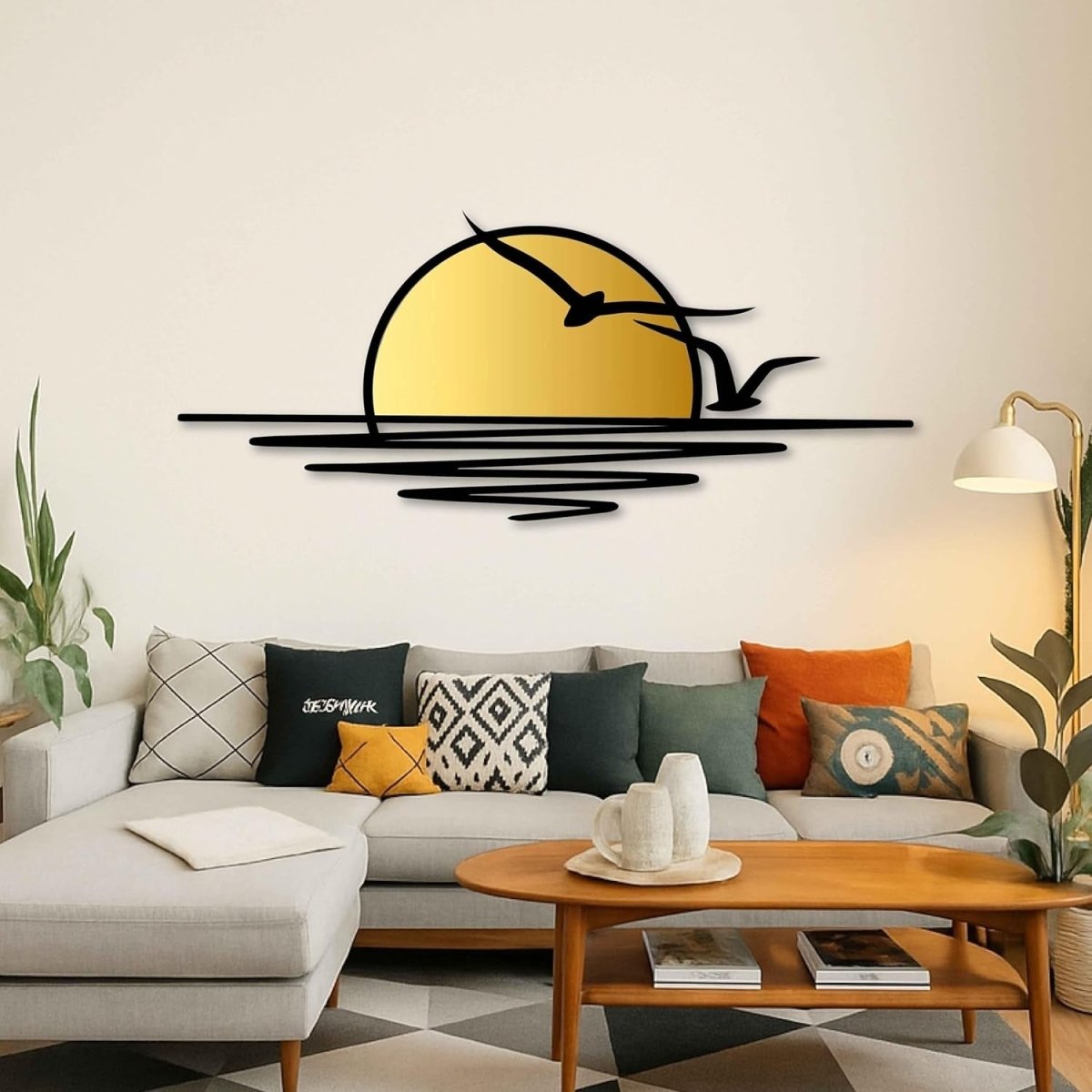 Extra Large Metal Wall Art Sunrise Birds Black Gold Decor - Kwikley