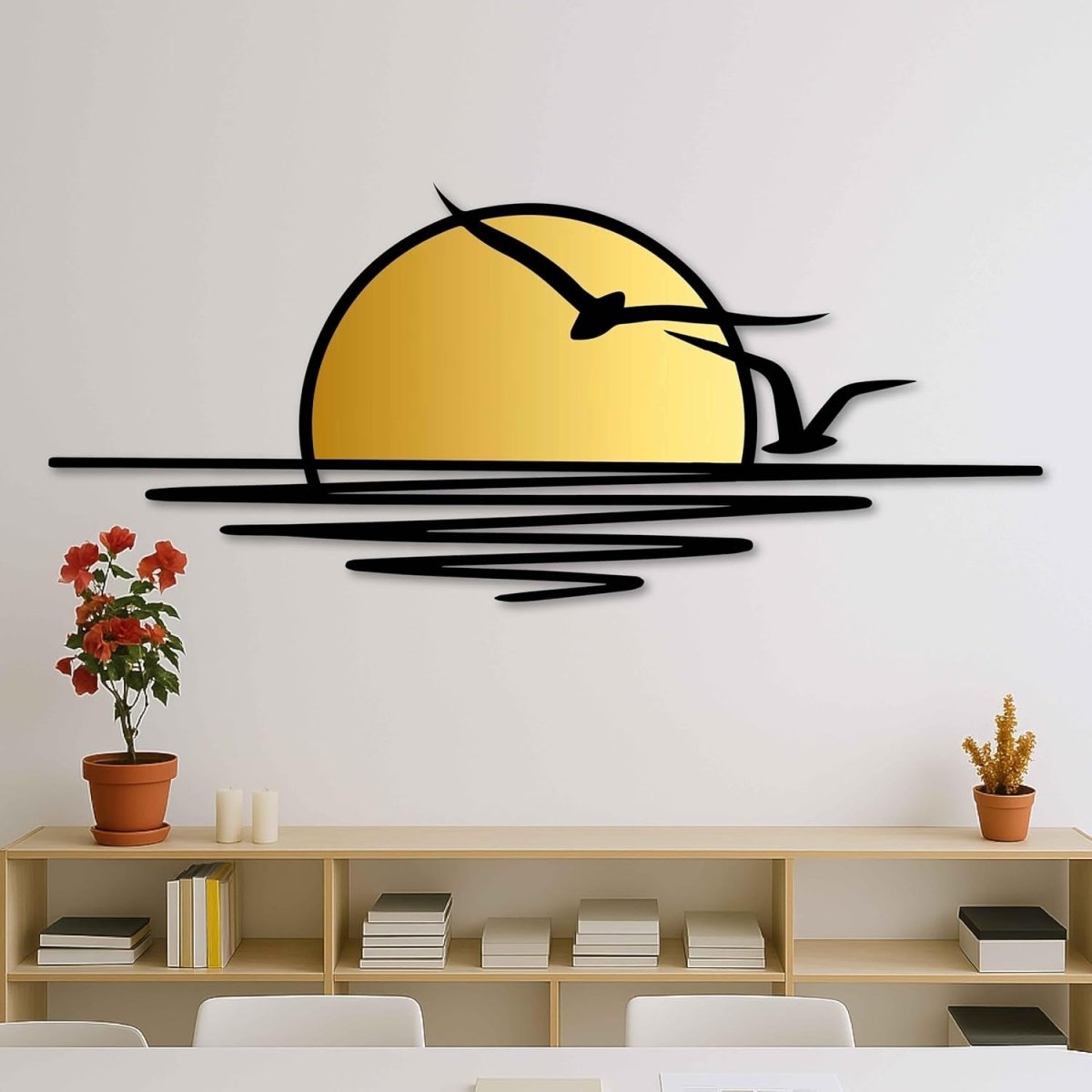 Extra Large Metal Wall Art Sunrise Birds Black Gold Decor - Kwikley