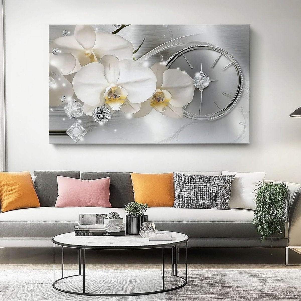 Extra Large Orchid Canvas Wall Art 120x50cm White Silver Luxury - Kwikley