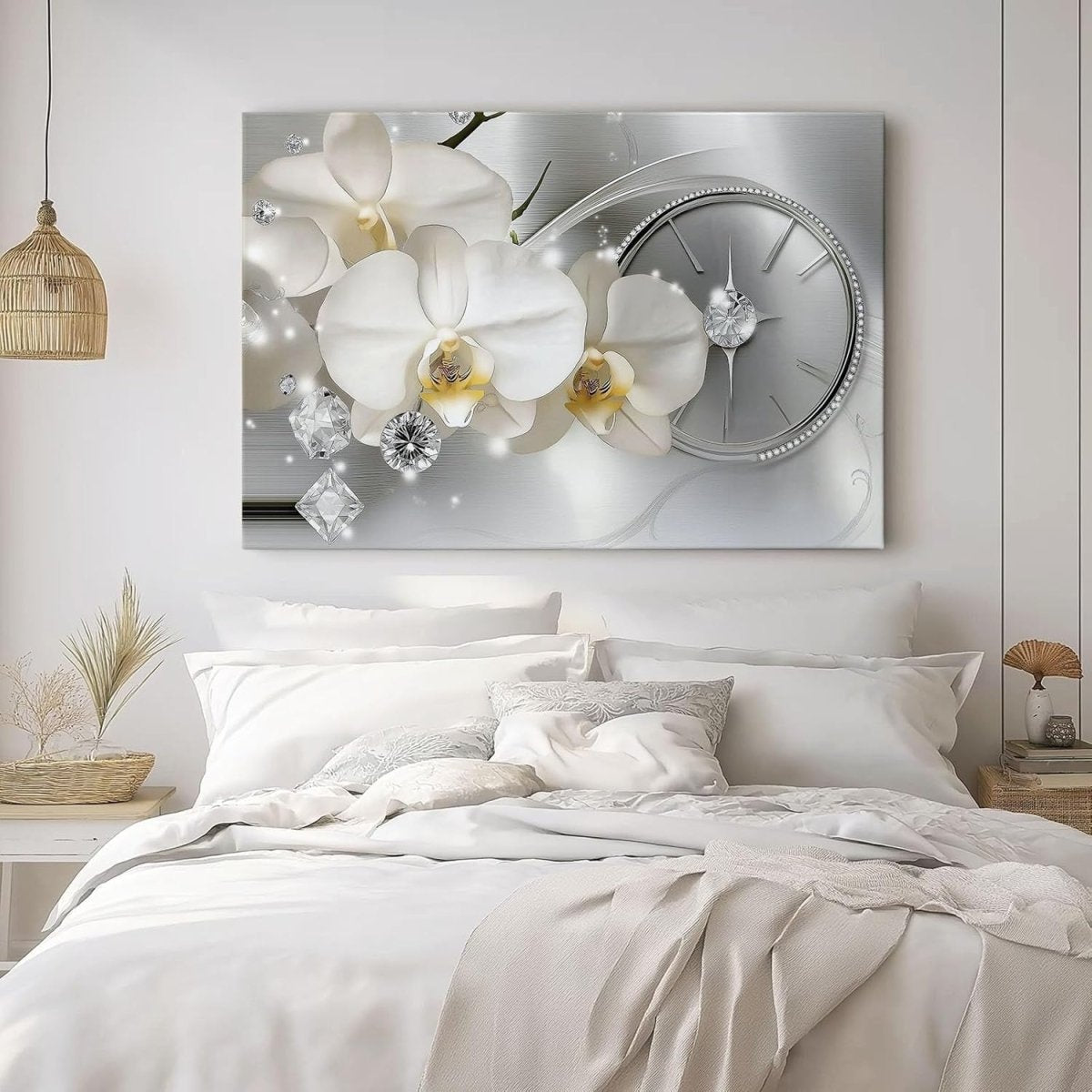 Extra Large Orchid Canvas Wall Art 120x50cm White Silver Luxury - Kwikley