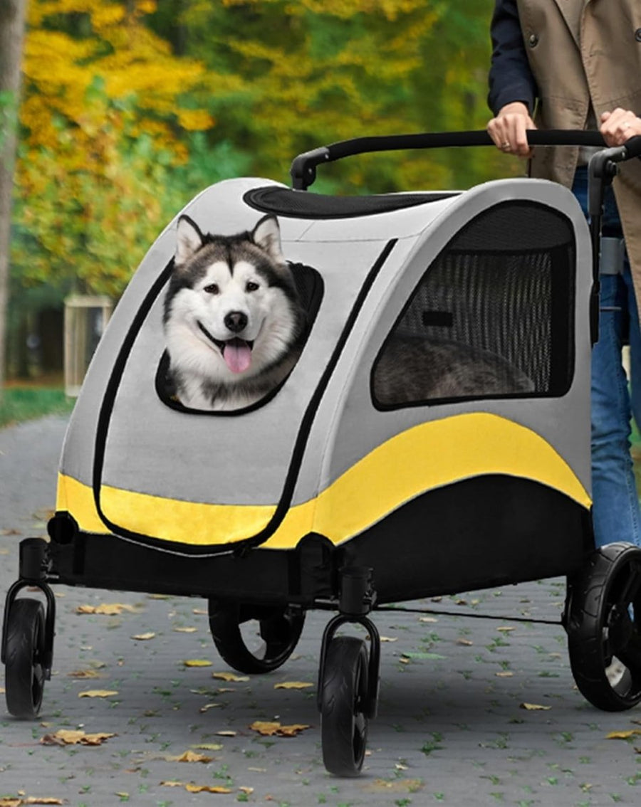 Extra Large Pet Stroller Heavy Duty 4 Wheel for Large Dogs Grey Yellow - Kwikley