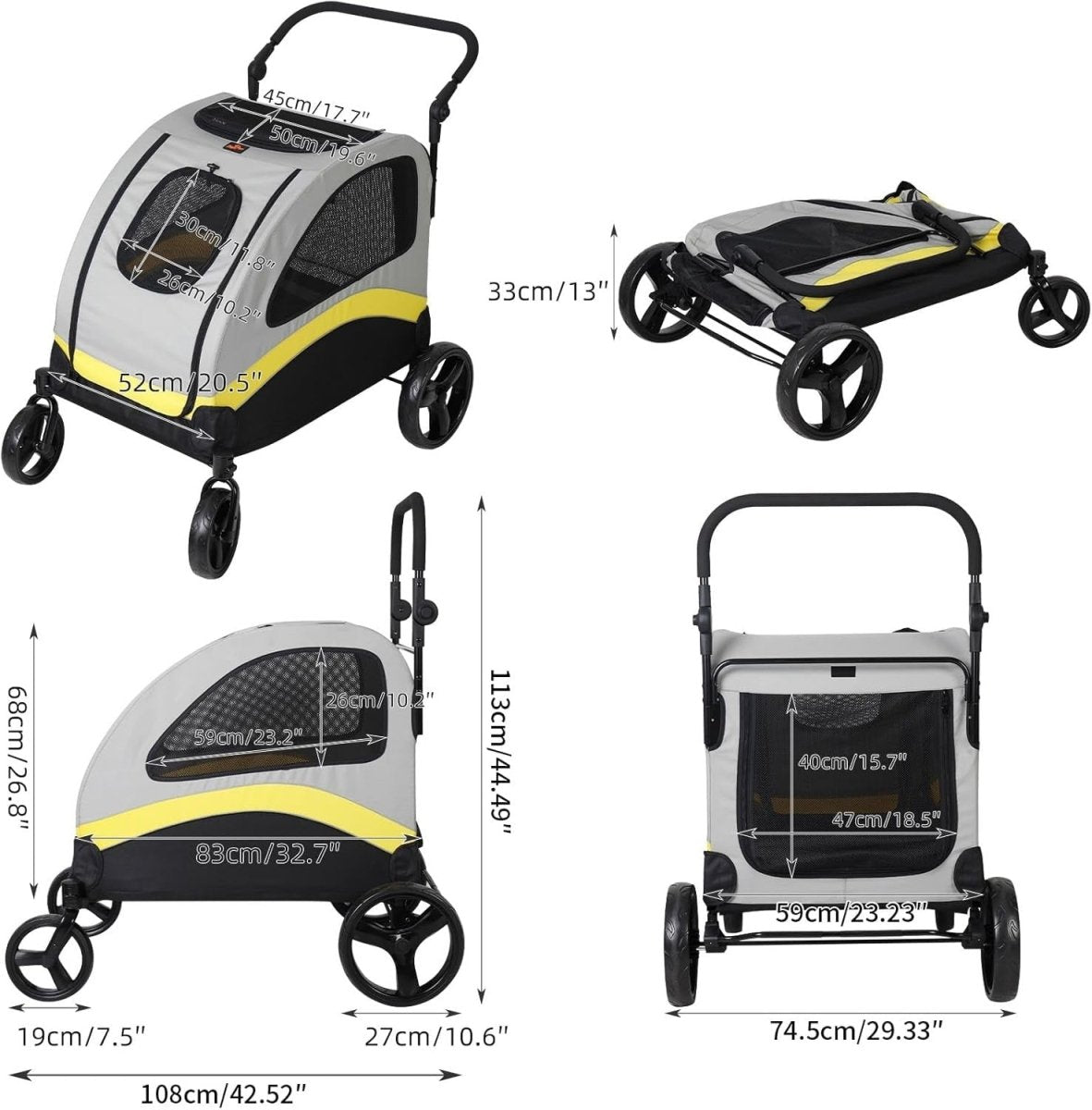 Extra Large Pet Stroller Heavy Duty 4 Wheel for Large Dogs Grey Yellow - Kwikley