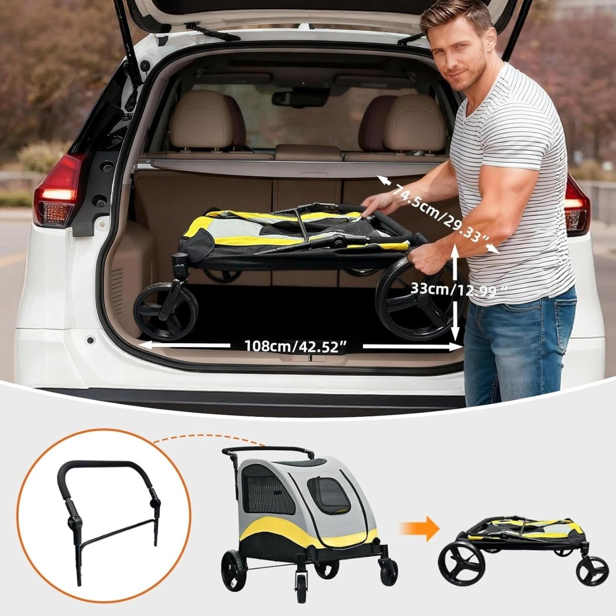 Extra Large Pet Stroller Heavy Duty 4 Wheel for Large Dogs Grey Yellow - Kwikley