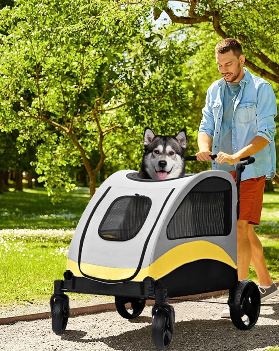 Extra Large Pet Stroller Heavy Duty 4 Wheel for Large Dogs Grey Yellow - Kwikley