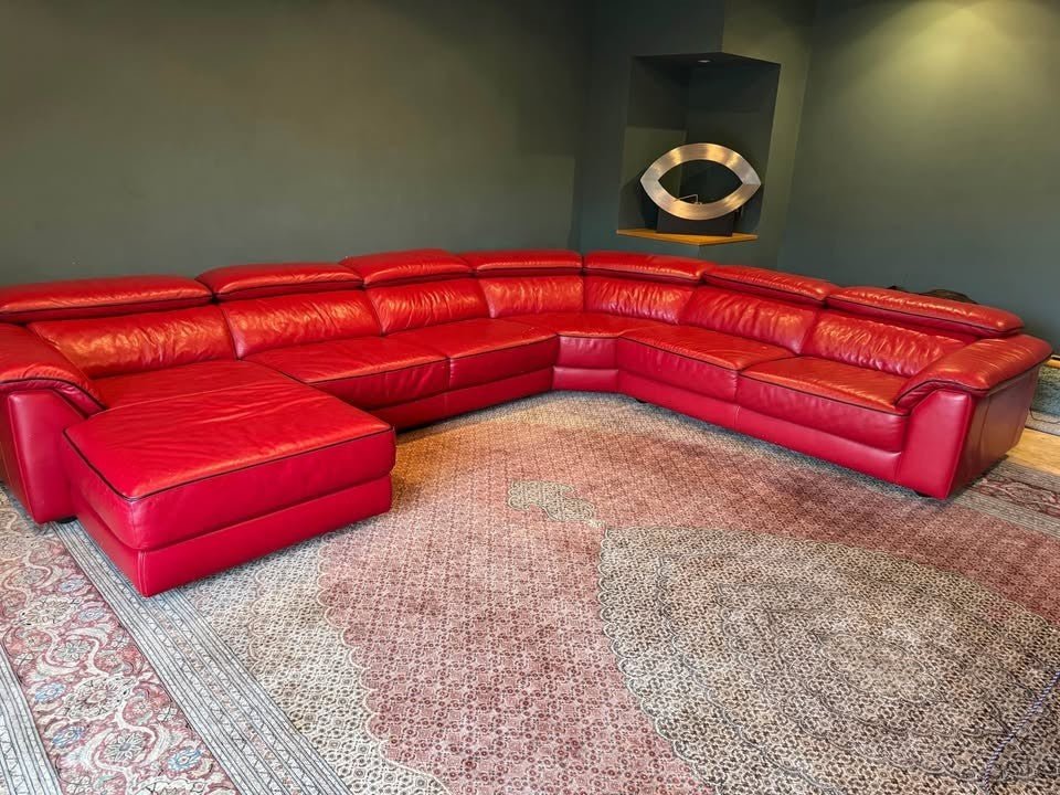 Extra Size Luxe Lush Red Leather Corner Sofa + Armchair (PTP) - Kwikley