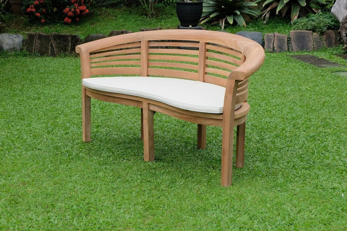 Extra Thick Teak Banana Garden Bench with Cushion Outdoor Patio Seat - Kwikley