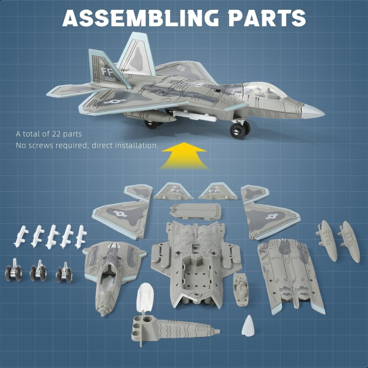 F - 22 Raptor Fighter Jet Model Kit 1:72 Scale | Quick Build, Moveable Parts - Kwikley