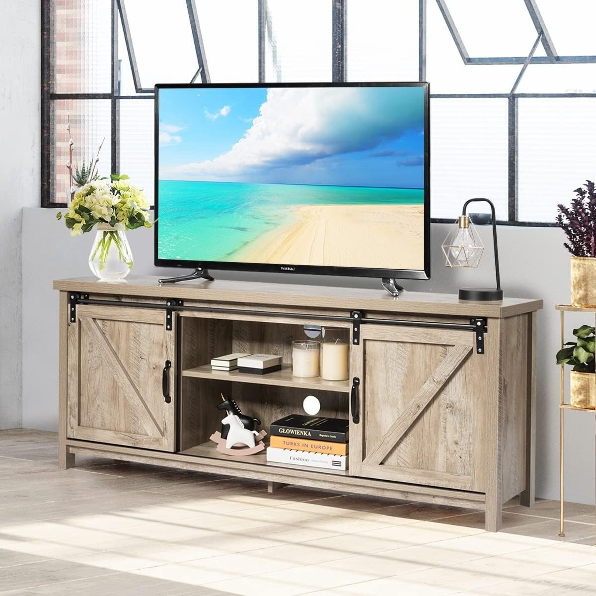 Farmhouse TV Stand up to 60" | Sliding Barn Doors | Storage Cabinet Table - Kwikley