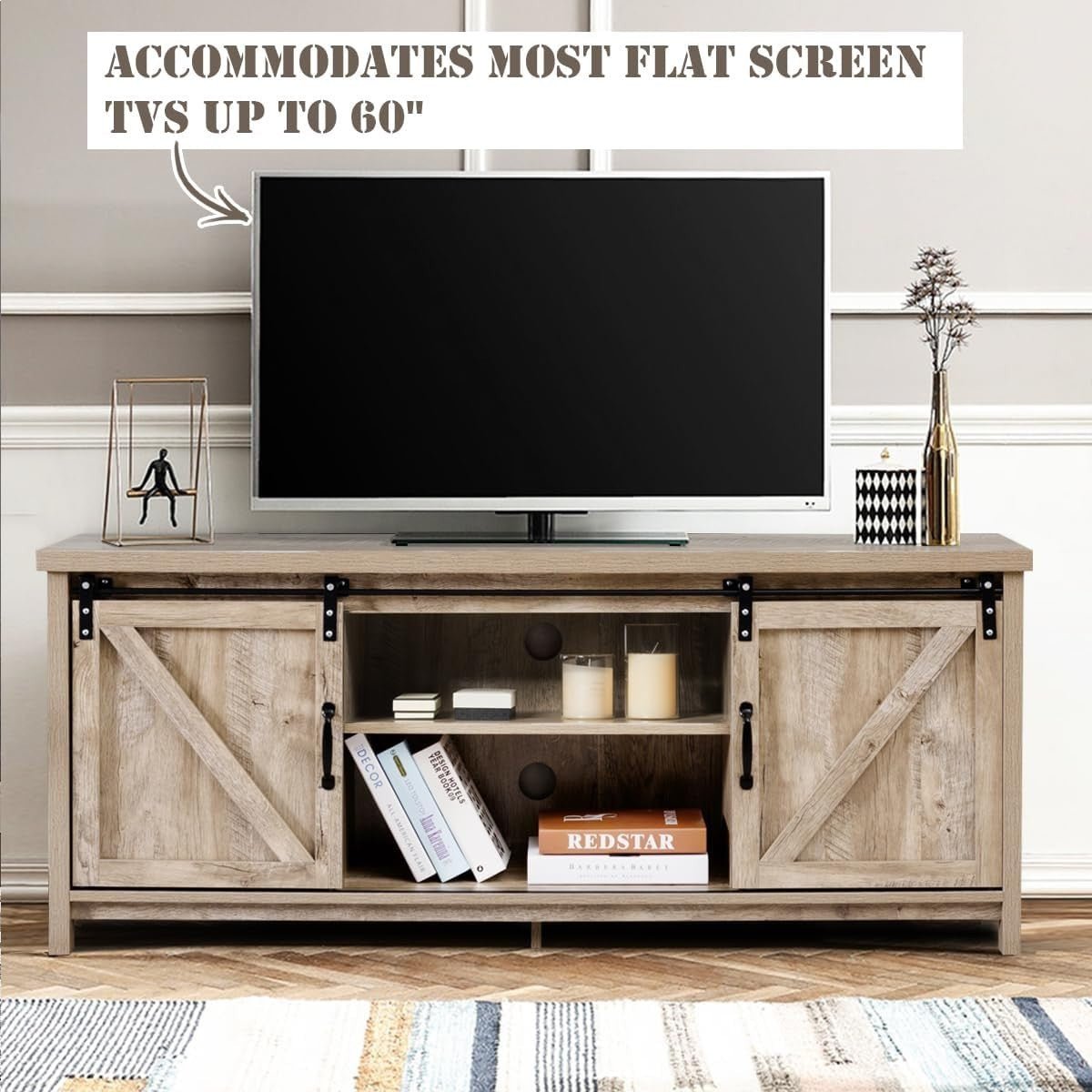 Farmhouse TV Stand up to 60" | Sliding Barn Doors | Storage Cabinet Table - Kwikley