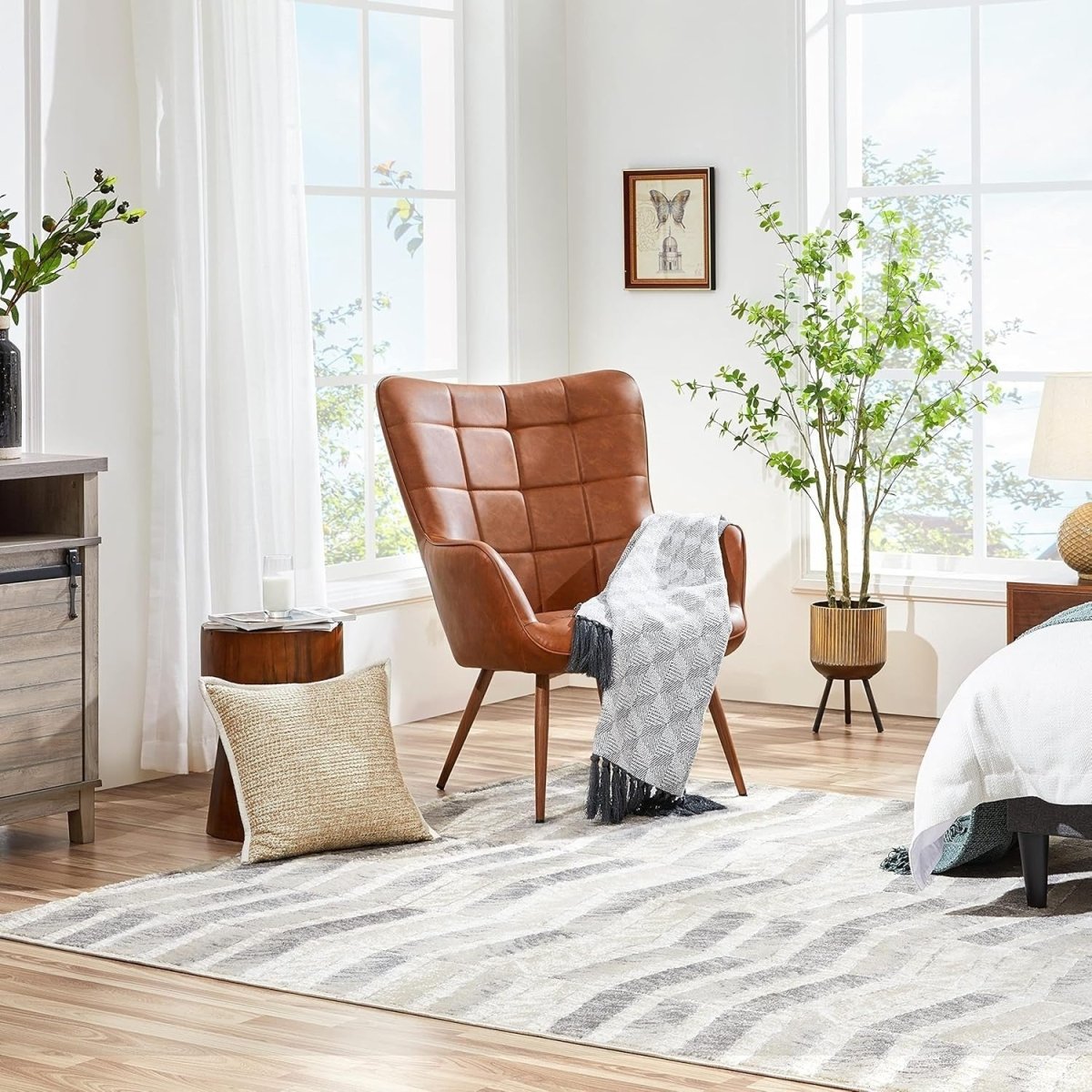Faux Leather Accent Chair High Back Armchair Retro Lounge Seat Brown - Kwikley