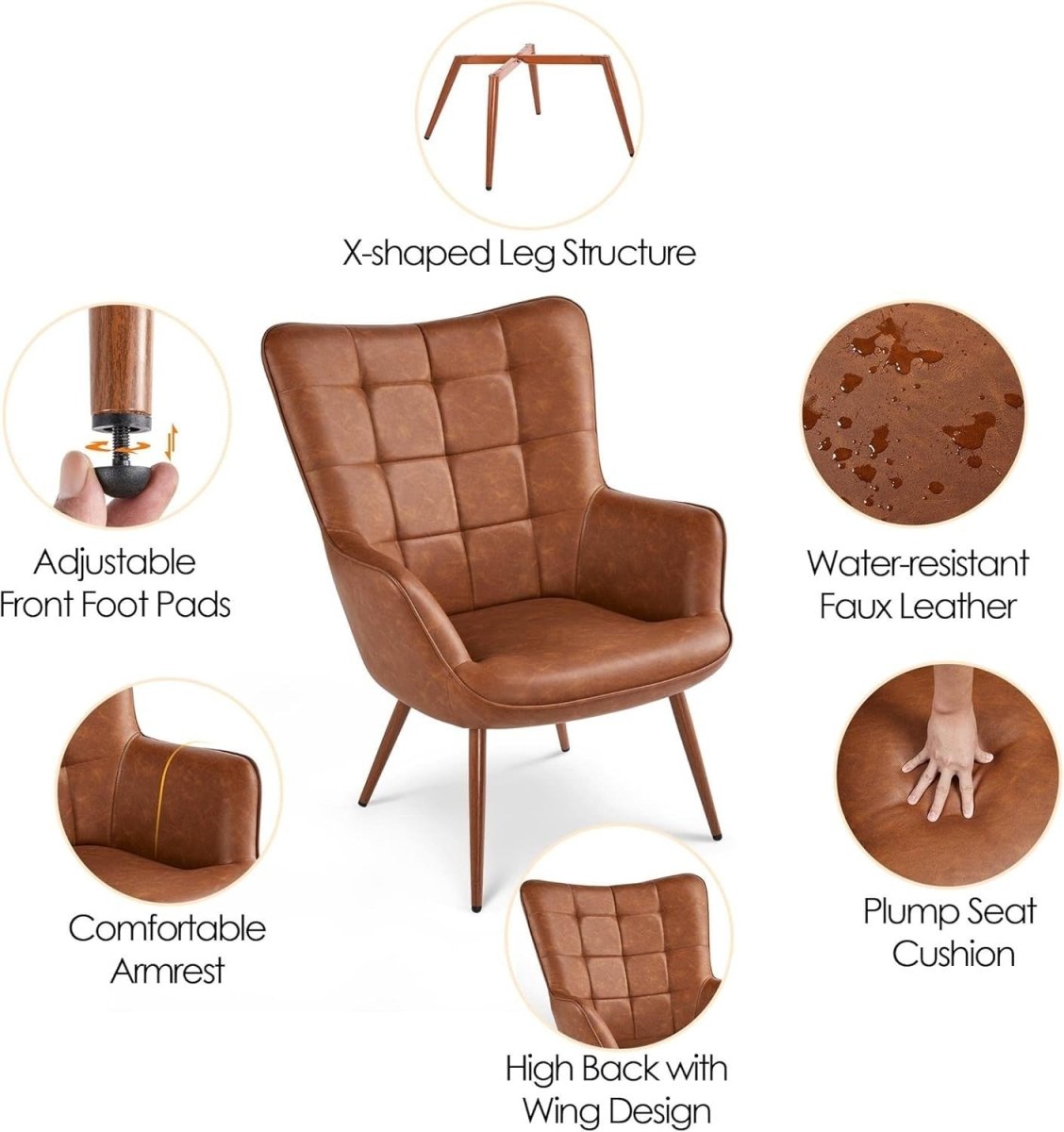 Faux Leather Accent Chair High Back Armchair Retro Lounge Seat Brown - Kwikley