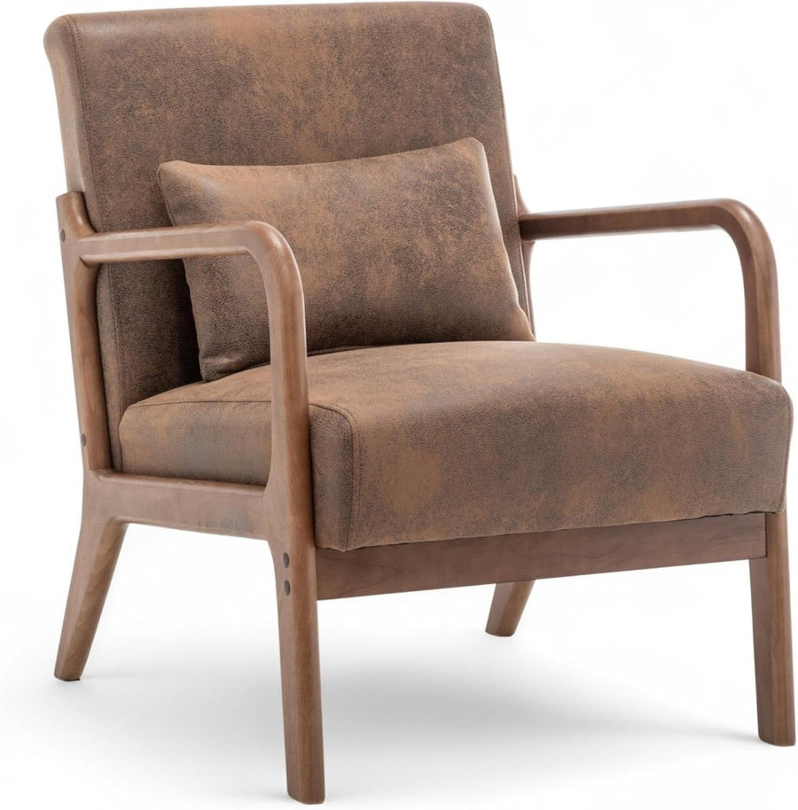Faux Leather Accent Chair w/ Lumbar Cushion – Brown Armchair - Kwikley