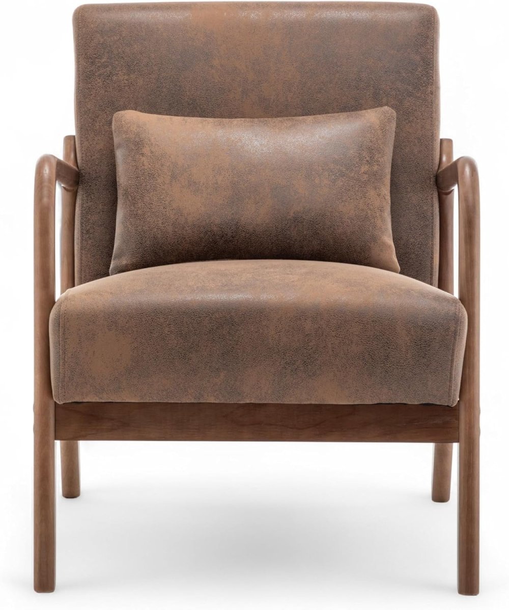Faux Leather Accent Chair w/ Lumbar Cushion – Brown Armchair - Kwikley