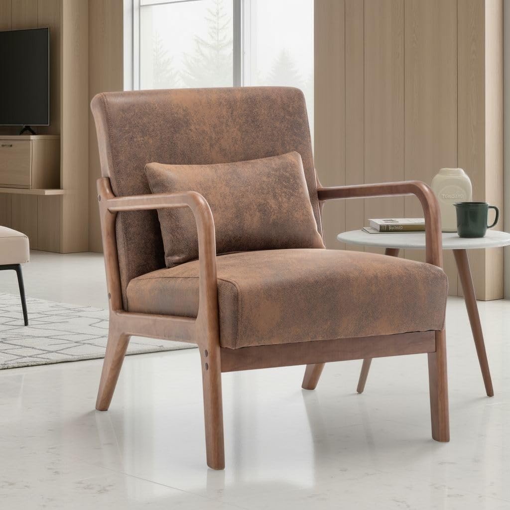 Faux Leather Accent Chair w/ Lumbar Cushion – Brown Armchair - Kwikley