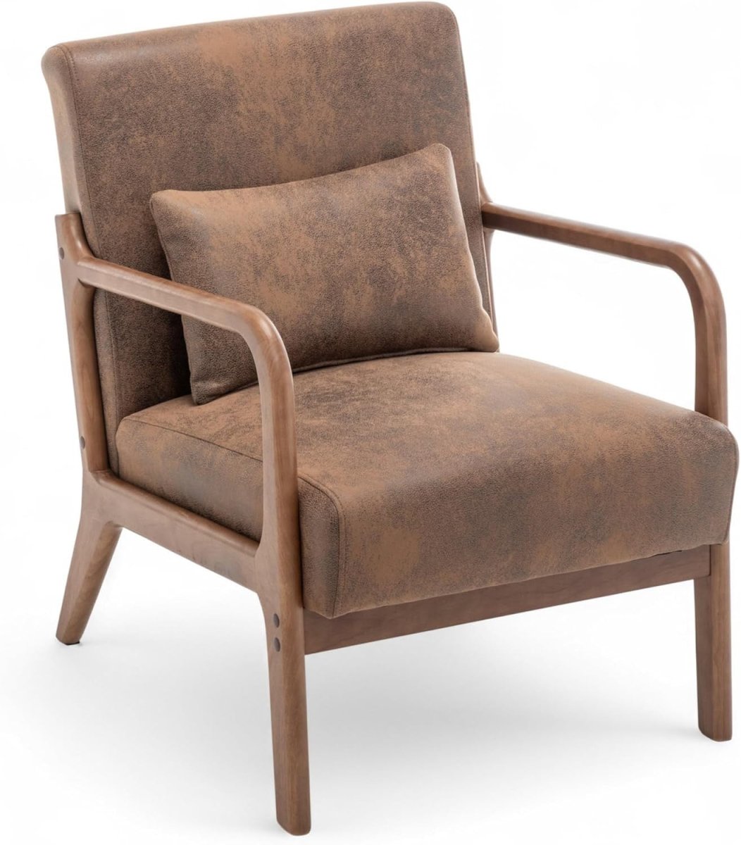 Faux Leather Accent Chair w/ Lumbar Cushion – Brown Armchair - Kwikley