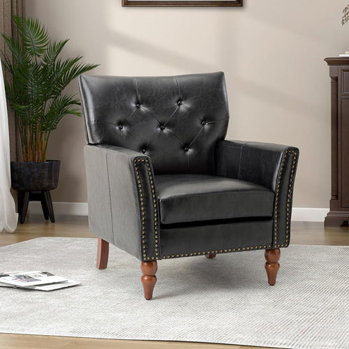 Faux Leather Armchair Black Tufted Chair Vintage Nailhead for Lounge Reading - Kwikley