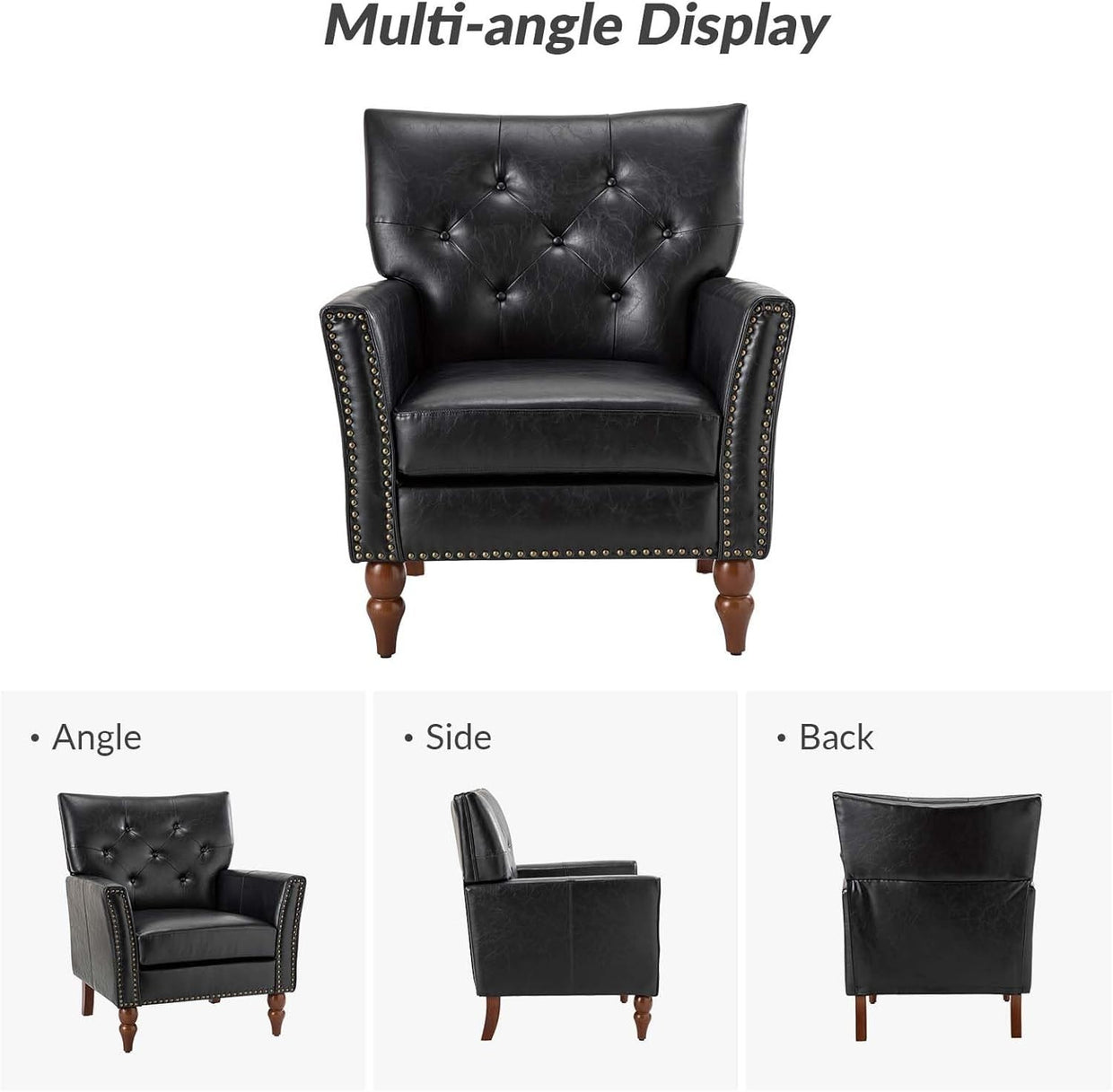 Faux Leather Armchair Black Tufted Chair Vintage Nailhead for Lounge Reading - Kwikley