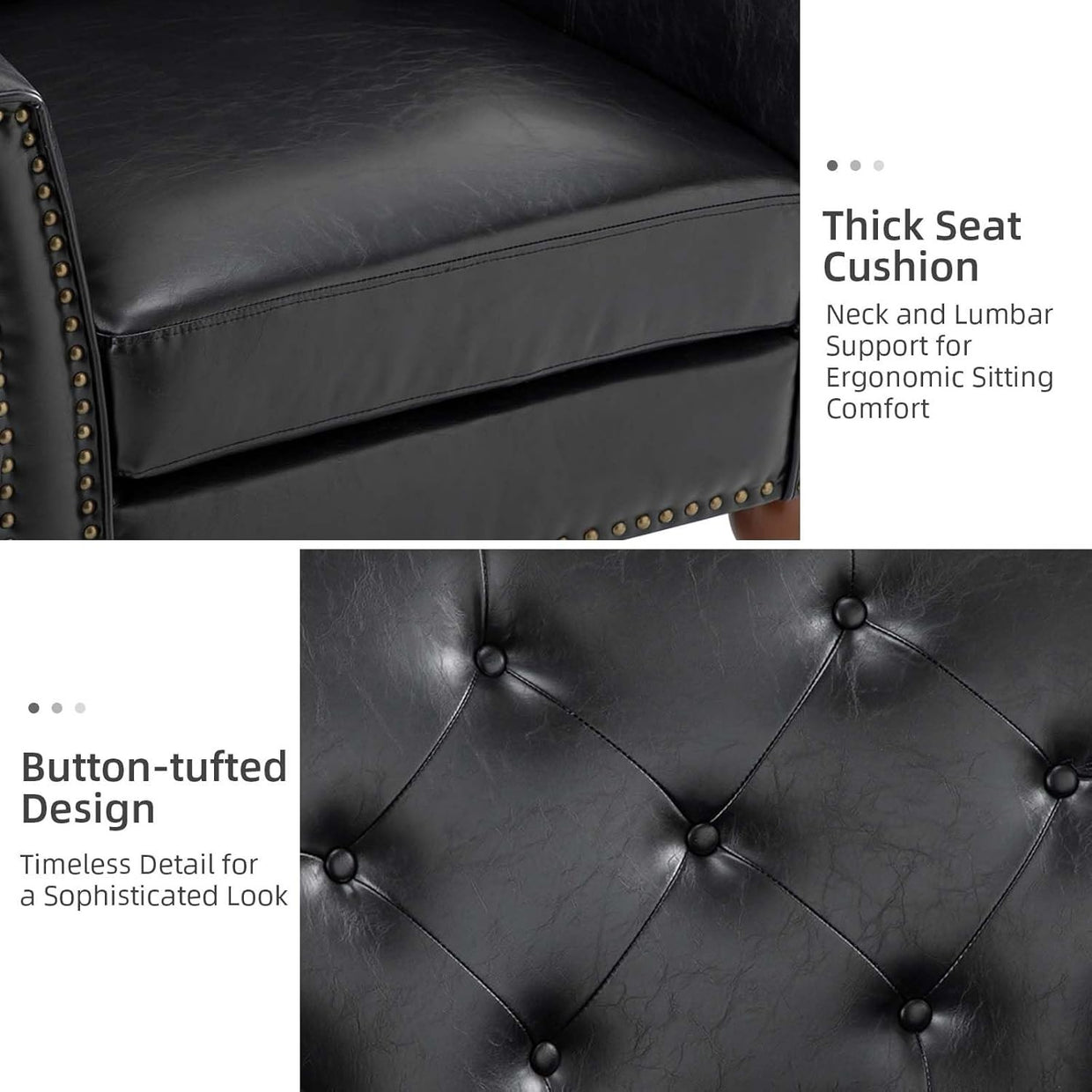 Faux Leather Armchair Black Tufted Chair Vintage Nailhead for Lounge Reading - Kwikley
