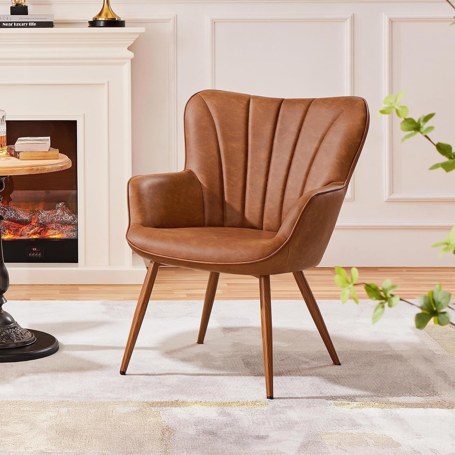 Faux Leather Retro Armchair with Pleated Back, High Seat for Lounge Office - Kwikley