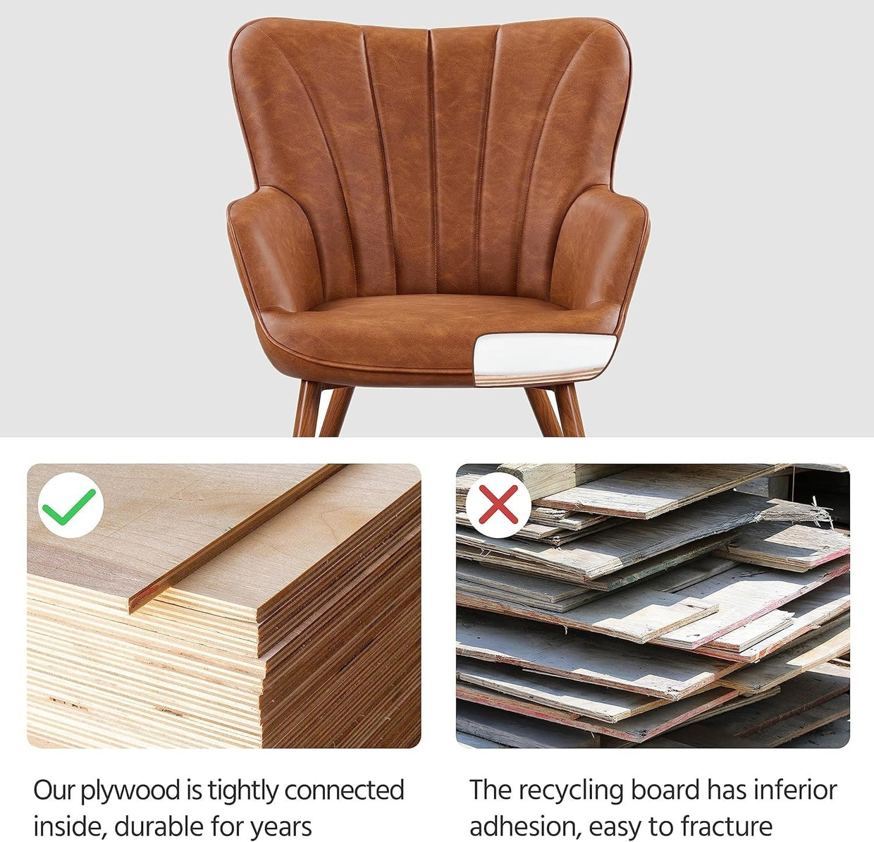 Faux Leather Retro Armchair with Pleated Back, High Seat for Lounge Office - Kwikley