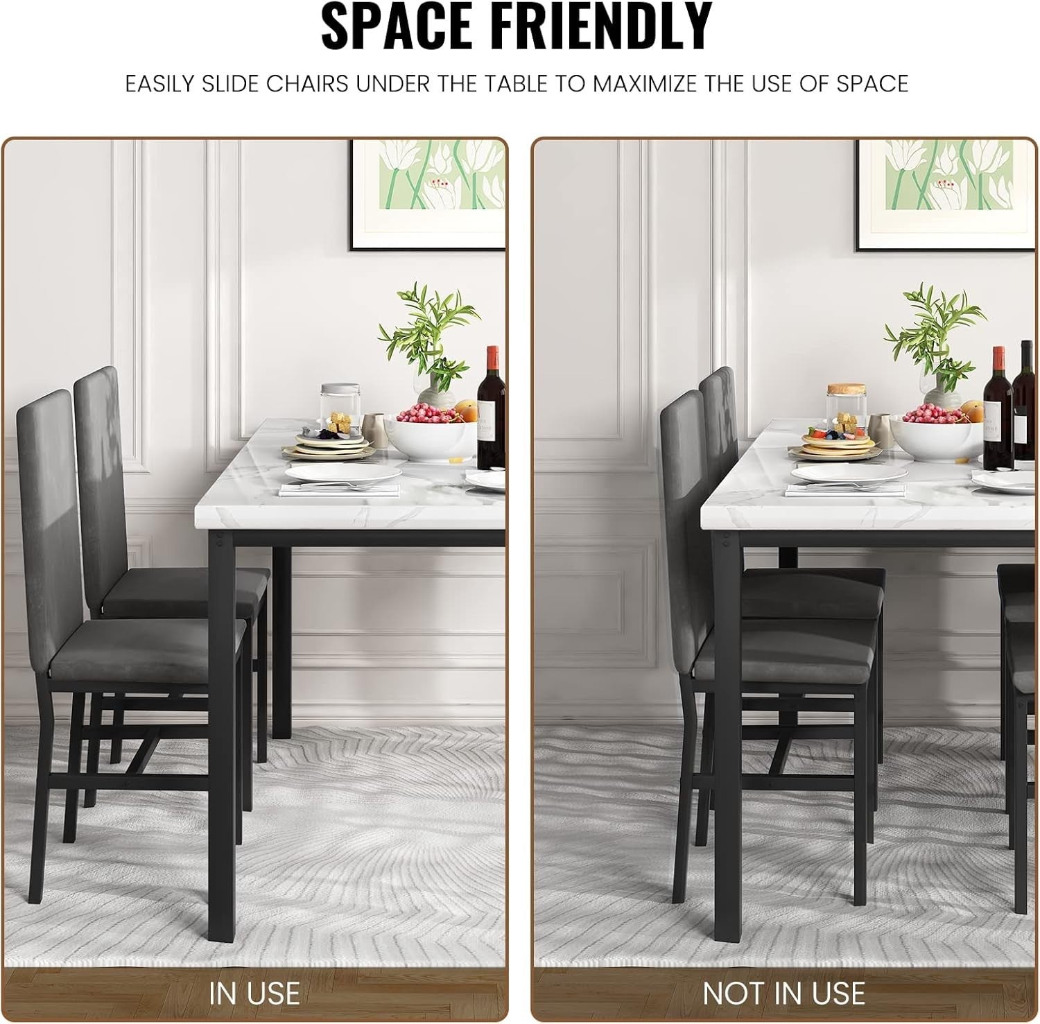 Faux Marble Dining Table & 4 Upholstered Chairs Set for Small Rooms (Gray) - Kwikley