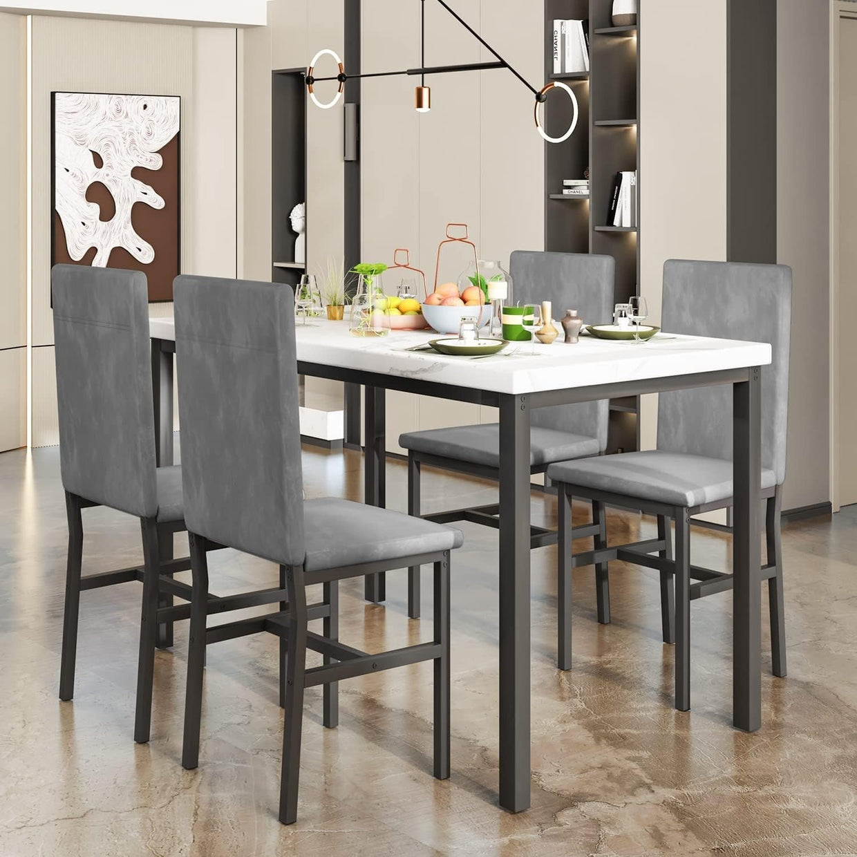 Faux Marble Dining Table & 4 Upholstered Chairs Set for Small Rooms (Gray) - Kwikley