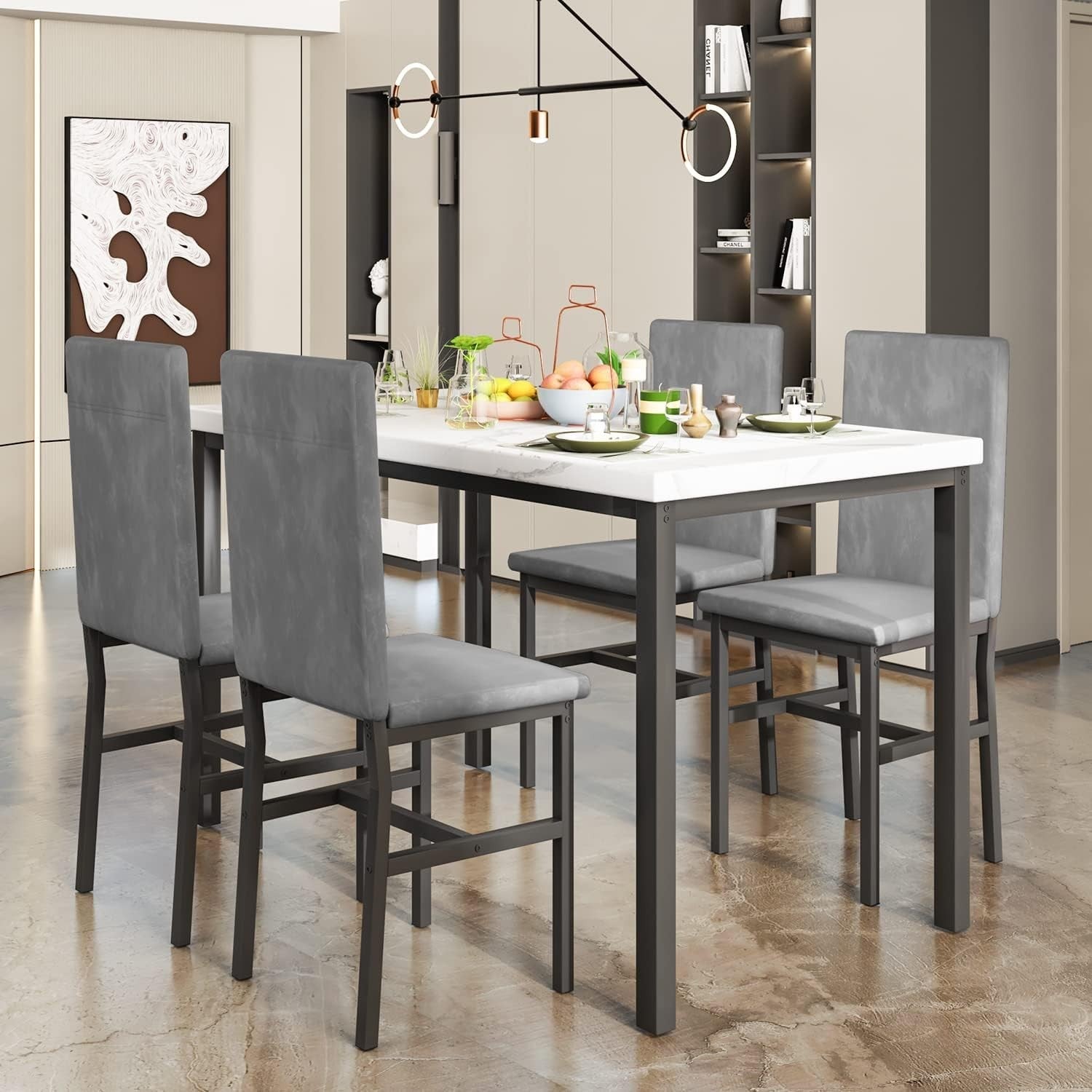 Faux Marble Dining Table & 4 Upholstered Chairs Set for Small Rooms (Gray) - Kwikley