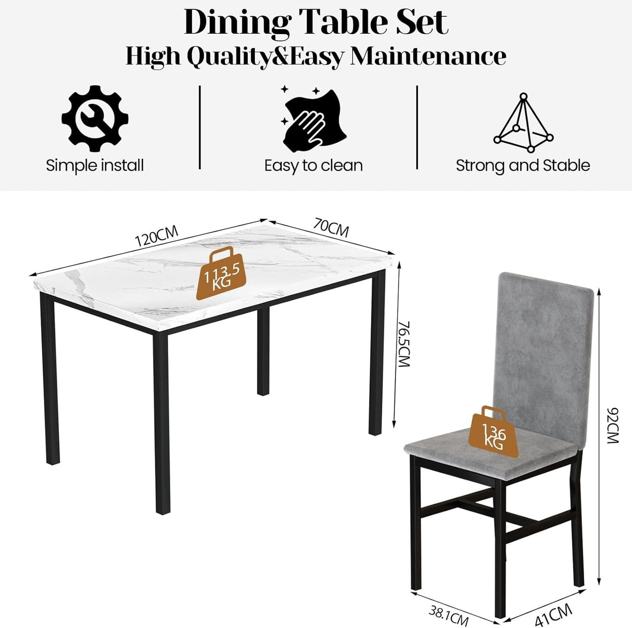 Faux Marble Dining Table & 4 Upholstered Chairs Set for Small Rooms (Gray) - Kwikley