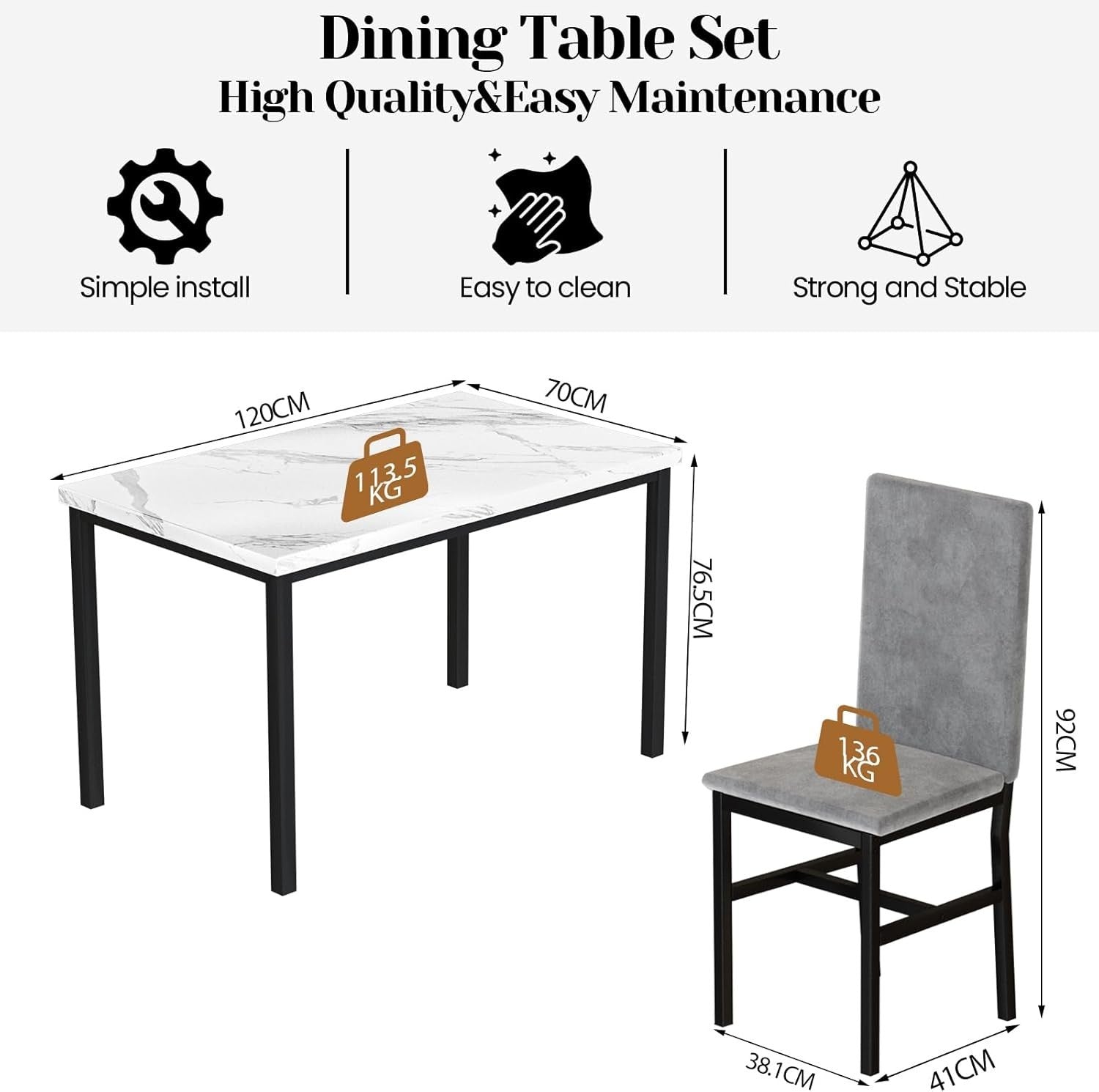 Faux Marble Dining Table & 4 Upholstered Chairs Set for Small Rooms (Gray) - Kwikley