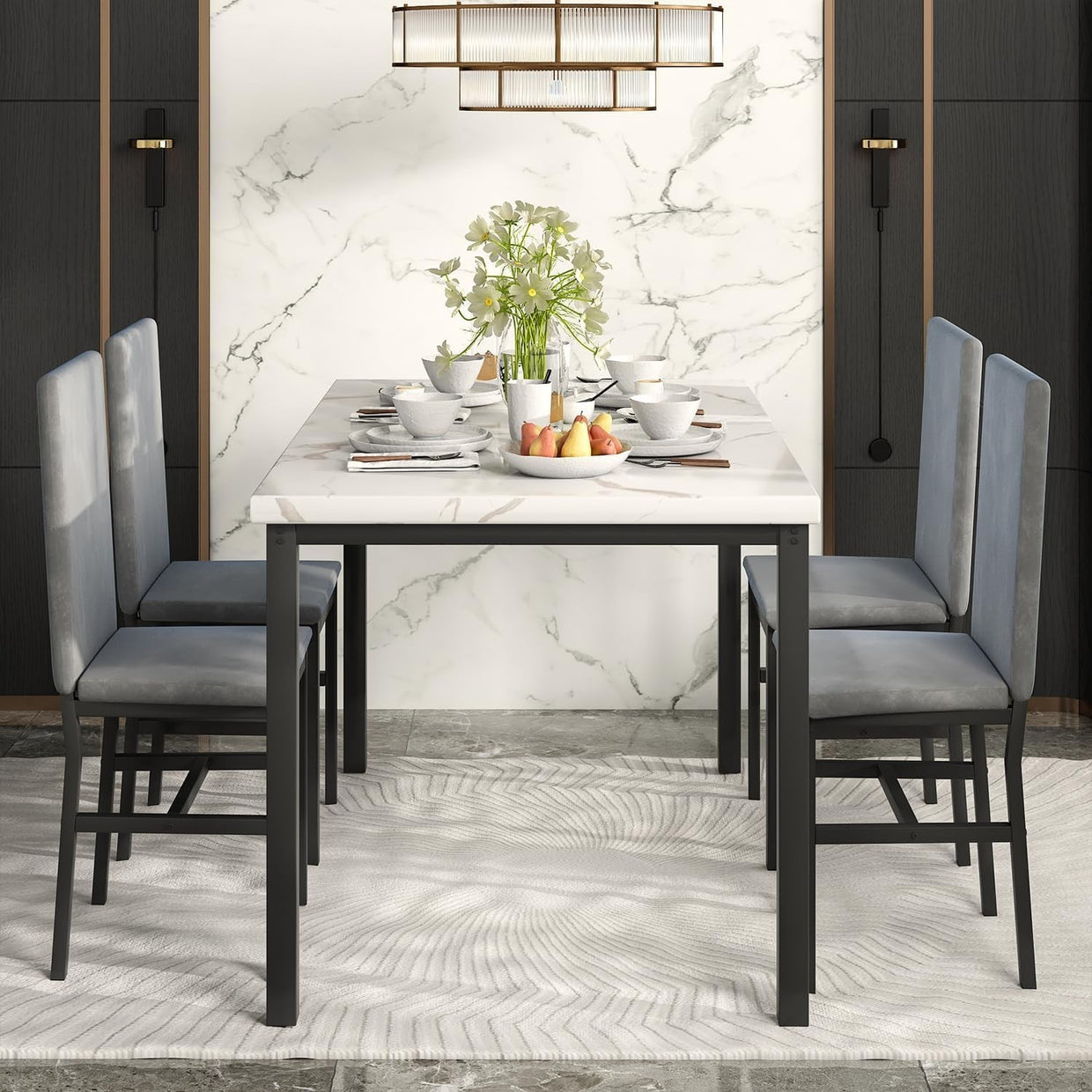 Faux Marble Dining Table & 4 Upholstered Chairs Set for Small Rooms (Gray) - Kwikley