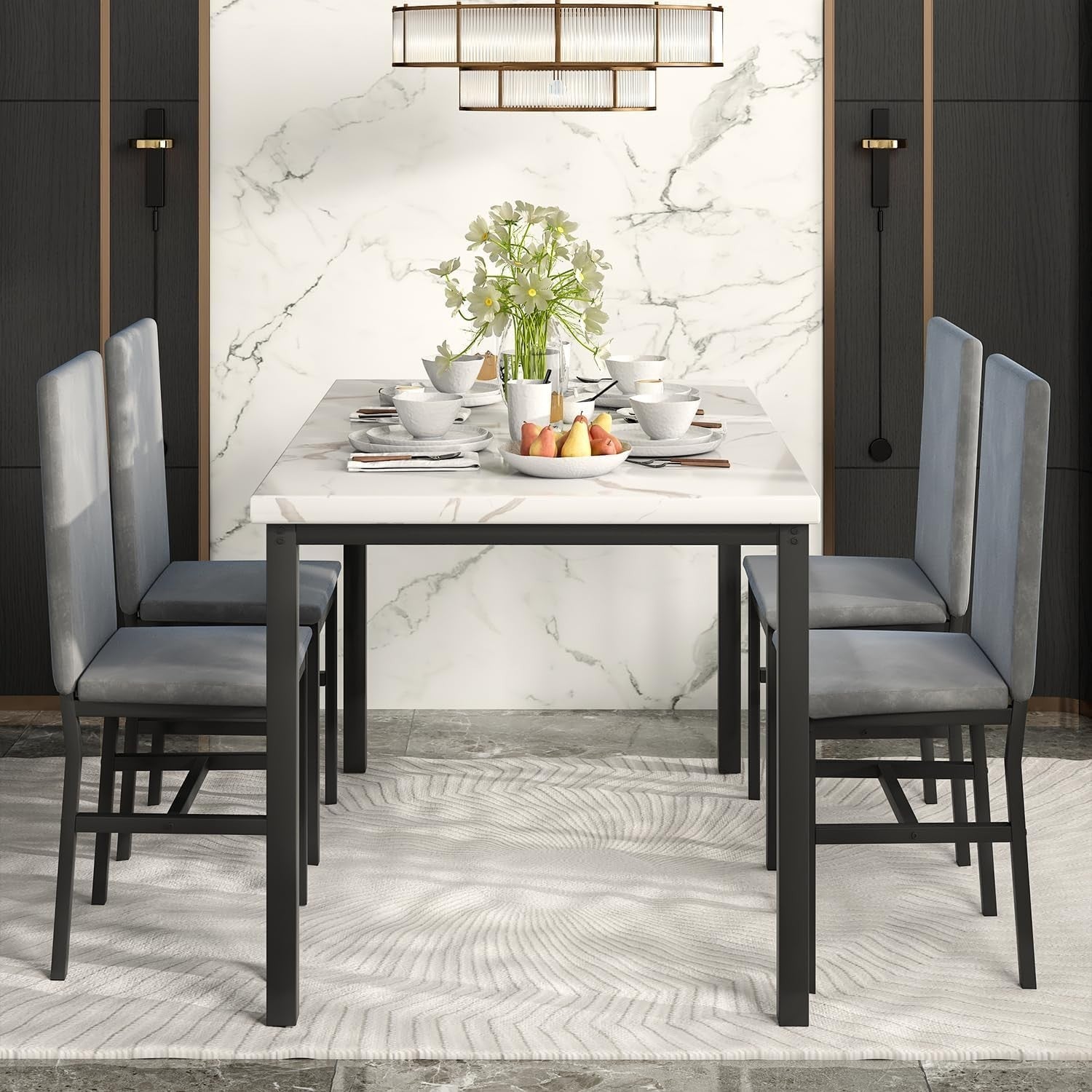 Faux Marble Dining Table & 4 Upholstered Chairs Set for Small Rooms (Gray) - Kwikley