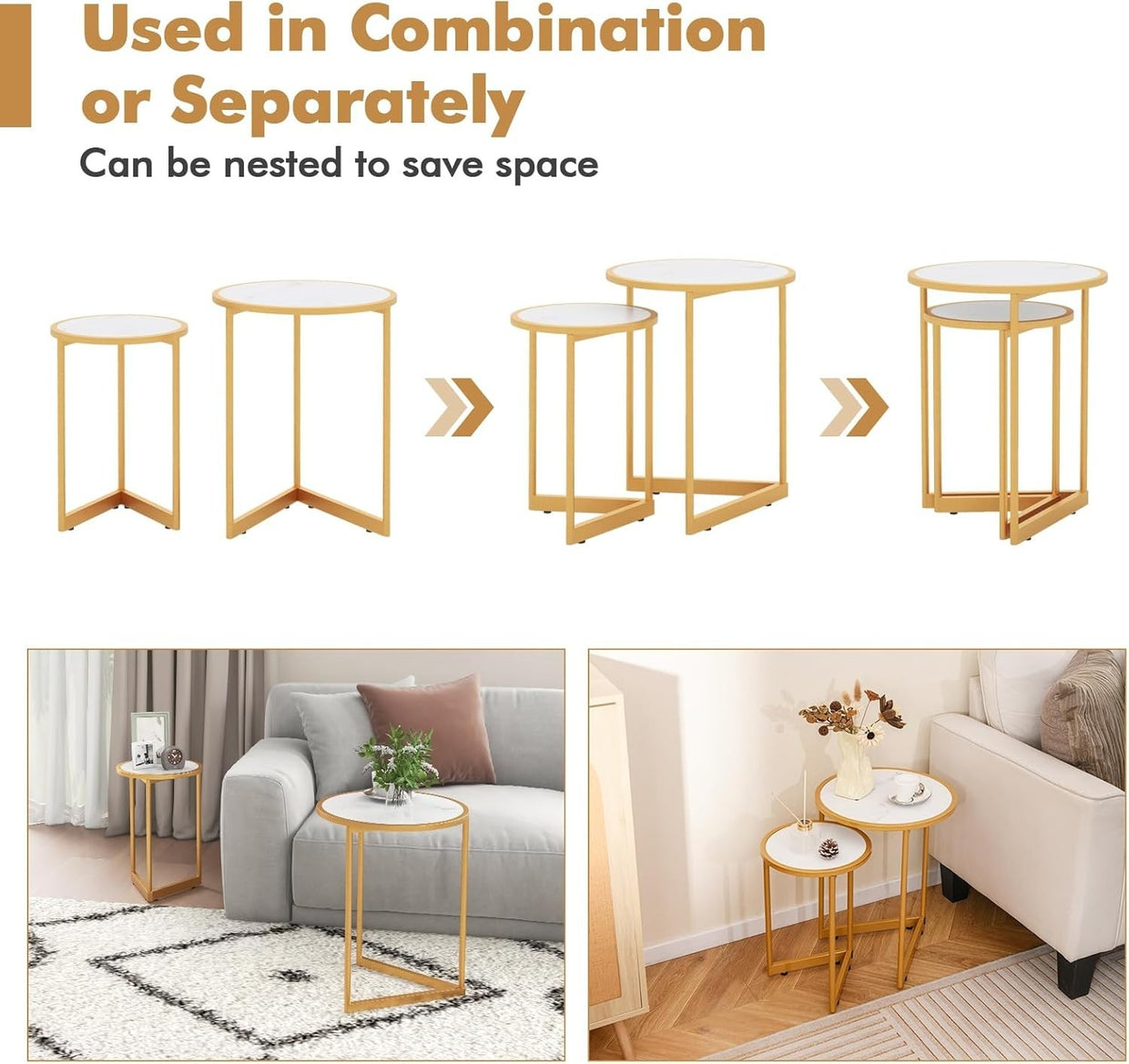 Faux Marble Nesting Coffee Table Set 2 Round End Nightstand White Gold Modern - Kwikley