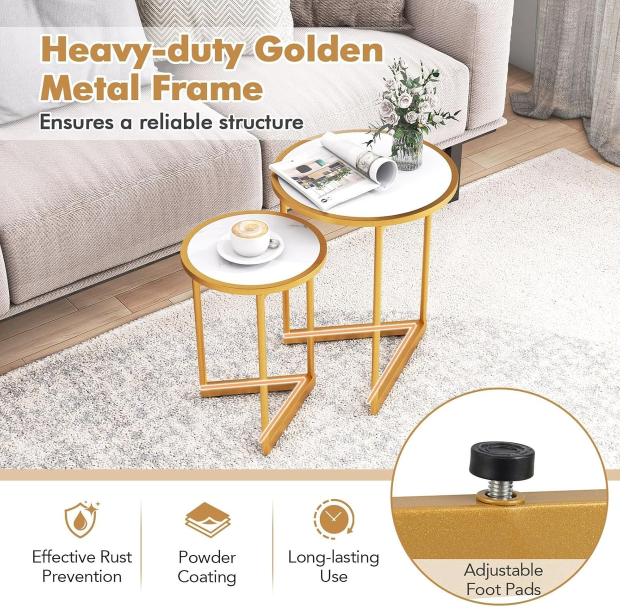 Faux Marble Nesting Coffee Table Set 2 Round End Nightstand White Gold Modern - Kwikley