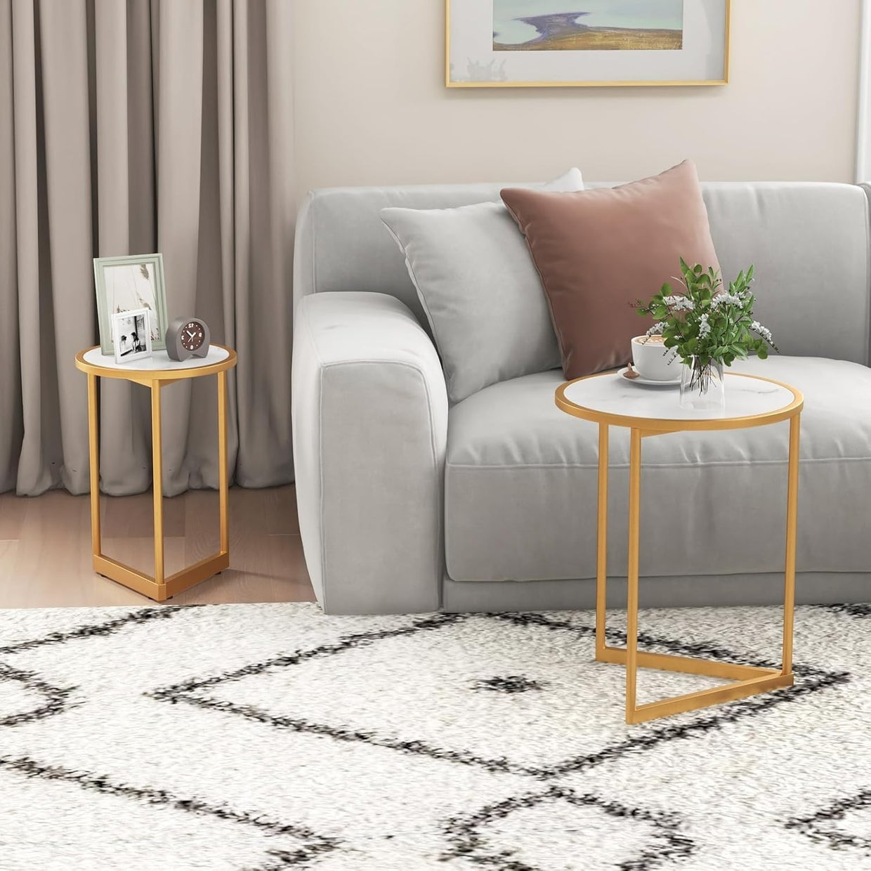 Faux Marble Nesting Coffee Table Set 2 Round End Nightstand White Gold Modern - Kwikley