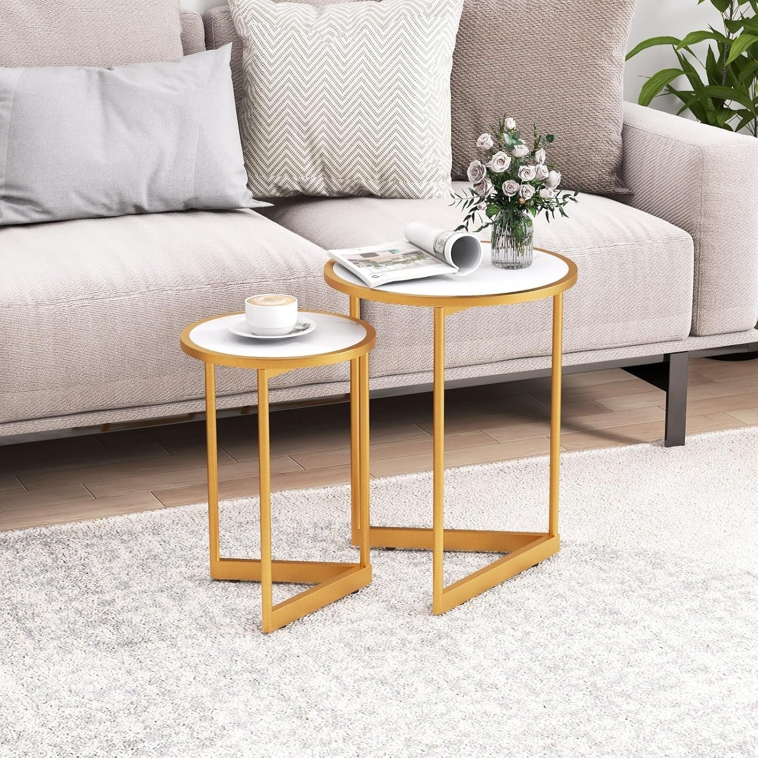 Faux Marble Nesting Coffee Table Set 2 Round End Nightstand White Gold Modern - Kwikley