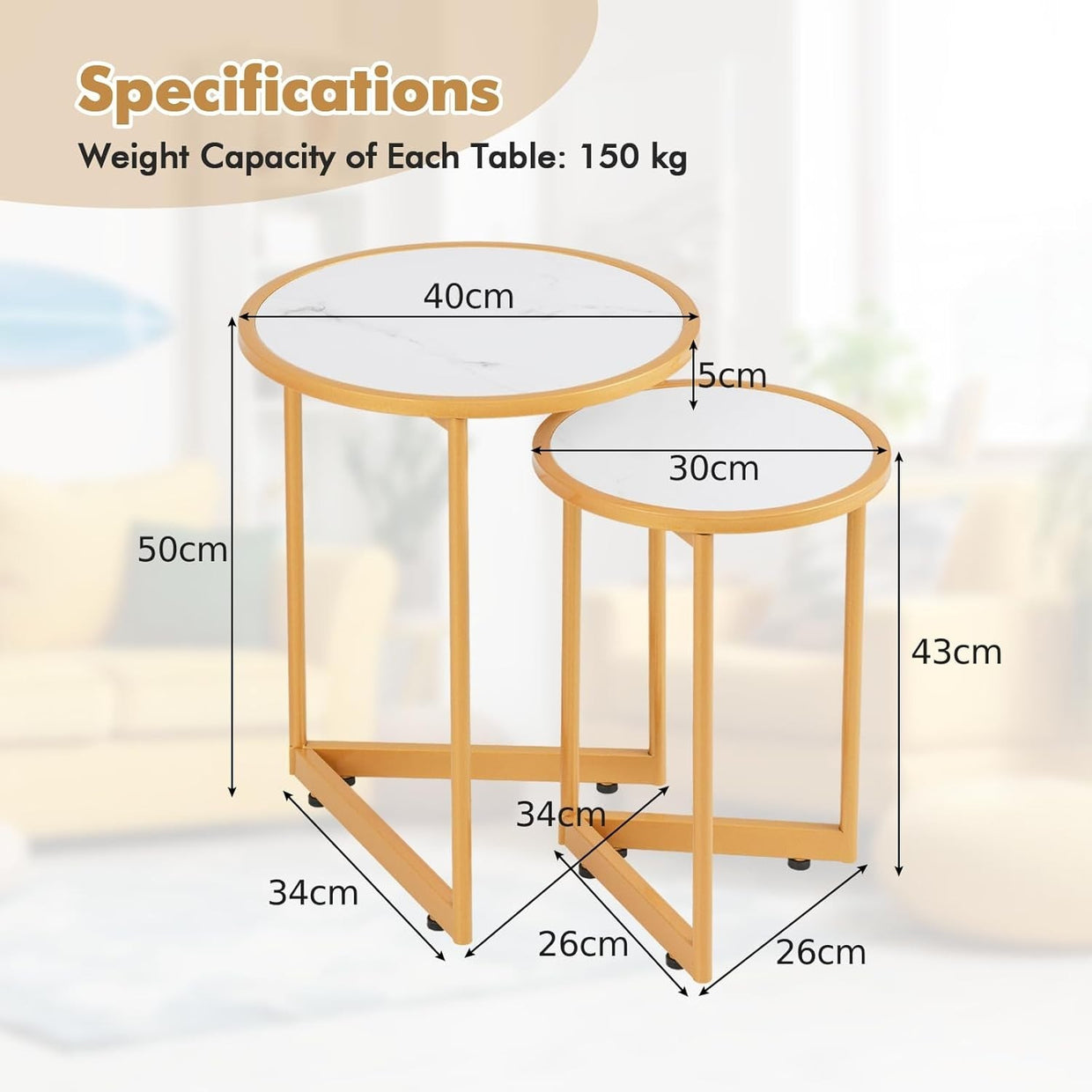 Faux Marble Nesting Coffee Table Set 2 Round End Nightstand White Gold Modern - Kwikley