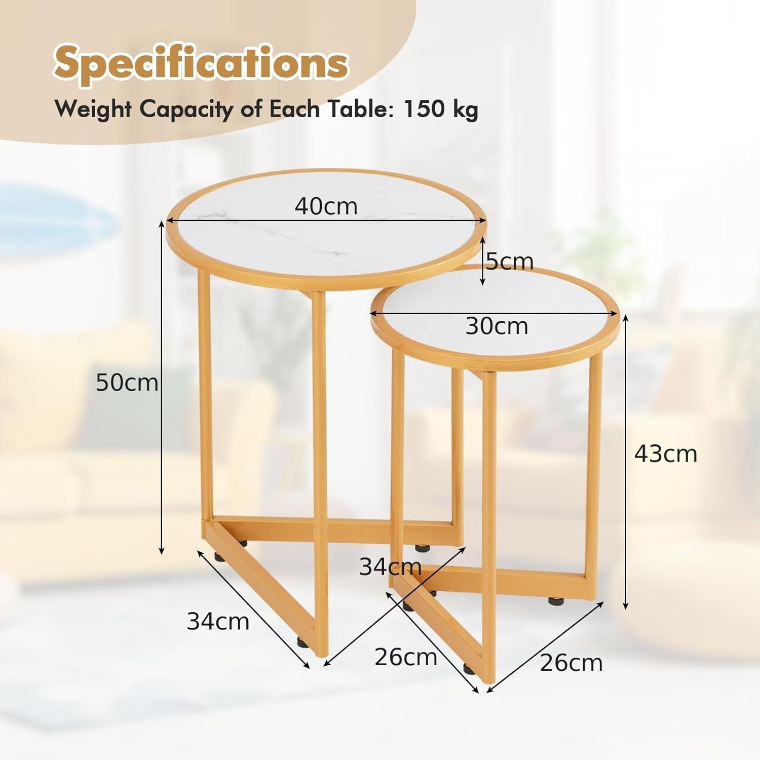 Faux Marble Nesting Coffee Table Set 2 Round End Nightstand White Gold Modern - Kwikley