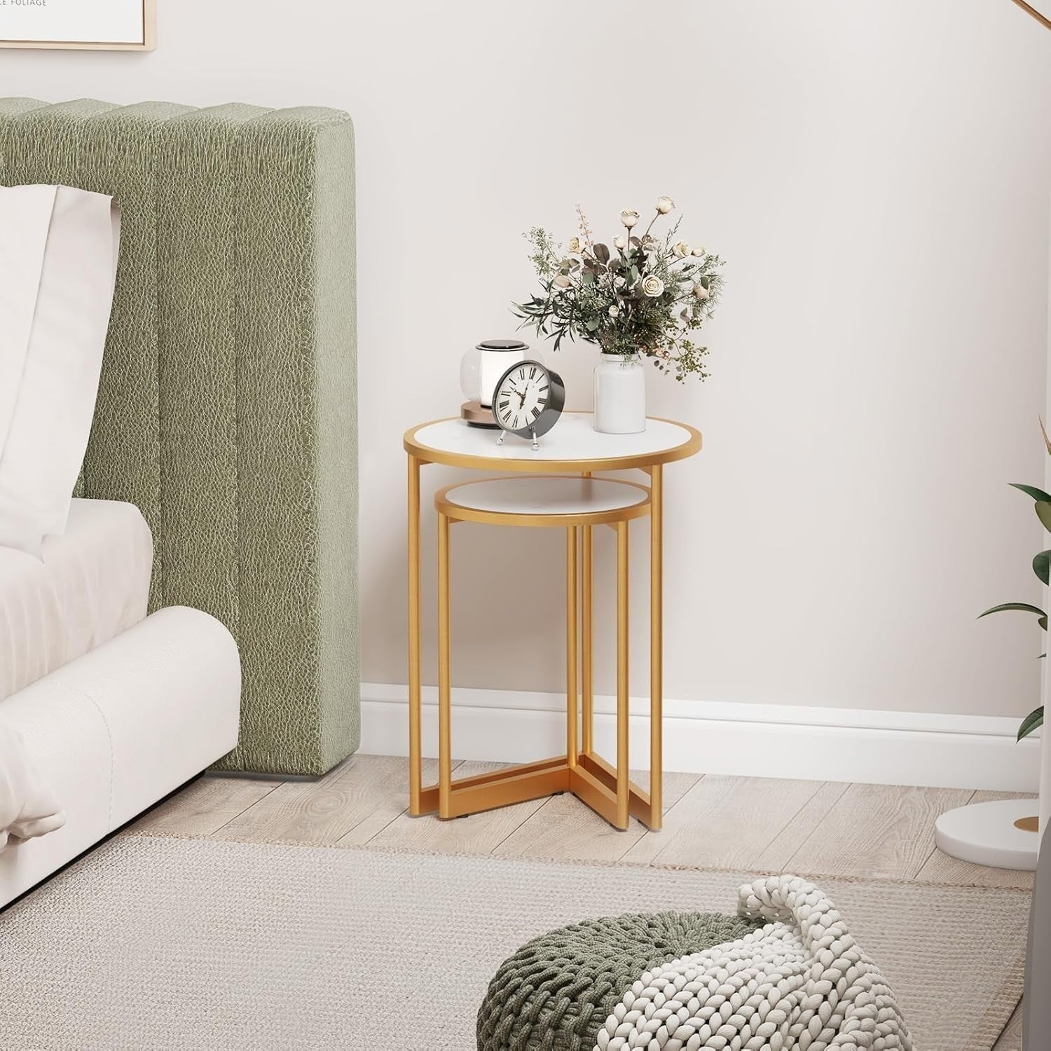 Faux Marble Nesting Coffee Table Set 2 Round End Nightstand White Gold Modern - Kwikley