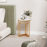 Faux Marble Nesting Coffee Table Set 2 Round End Nightstand White Gold Modern - Kwikley