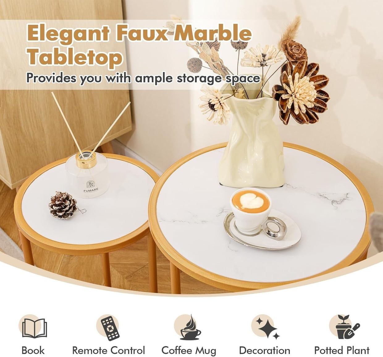 Faux Marble Nesting Coffee Table Set 2 Round End Nightstand White Gold Modern - Kwikley