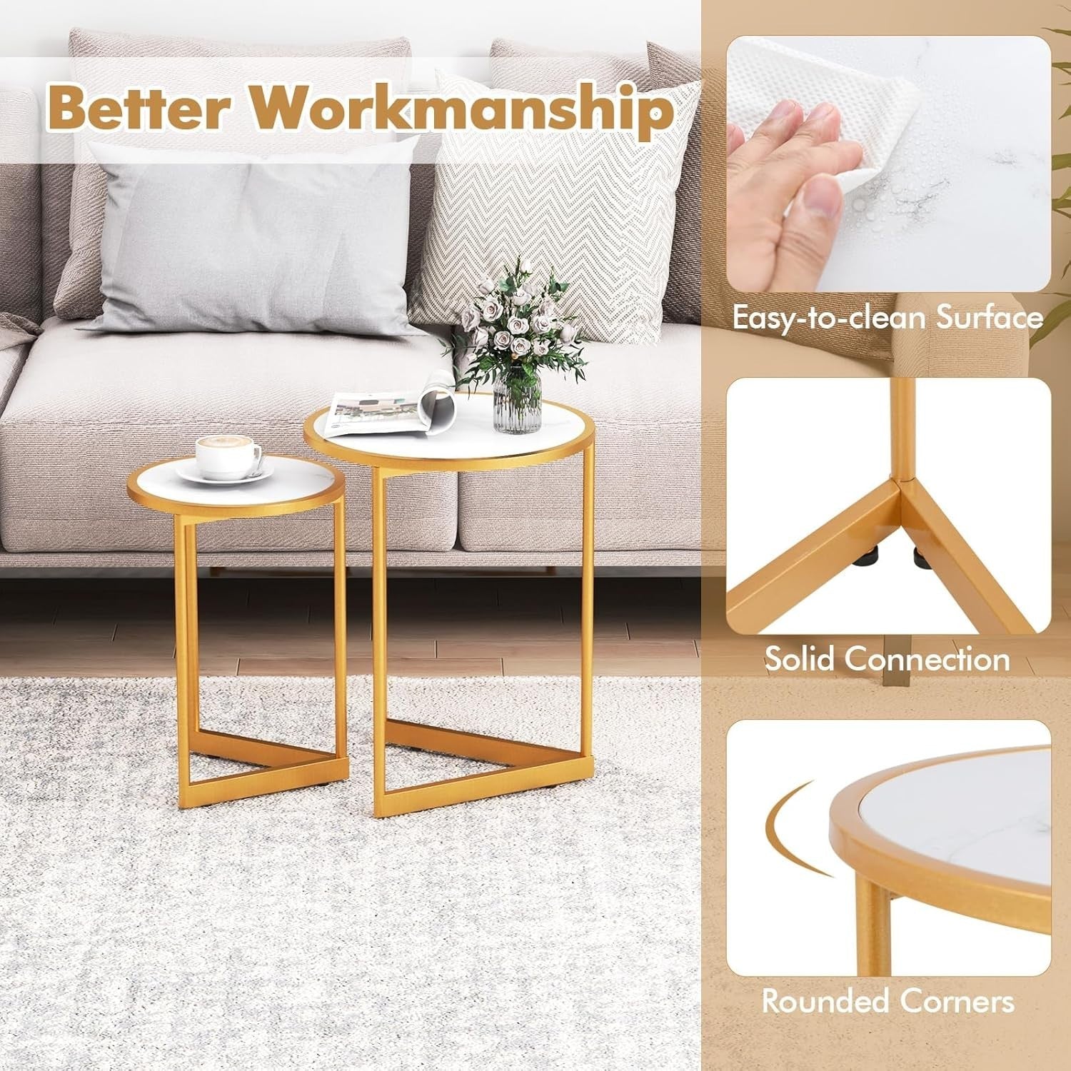 Faux Marble Nesting Coffee Table Set 2 Round End Nightstand White Gold Modern - Kwikley