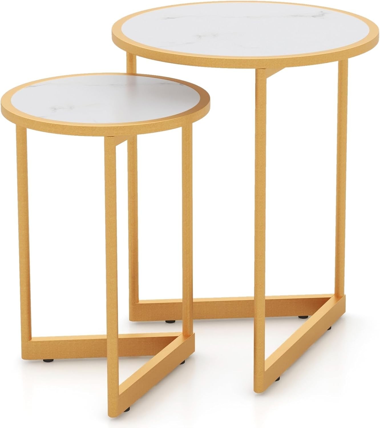 Faux Marble Nesting Coffee Table Set 2 Round End Nightstand White Gold Modern - Kwikley