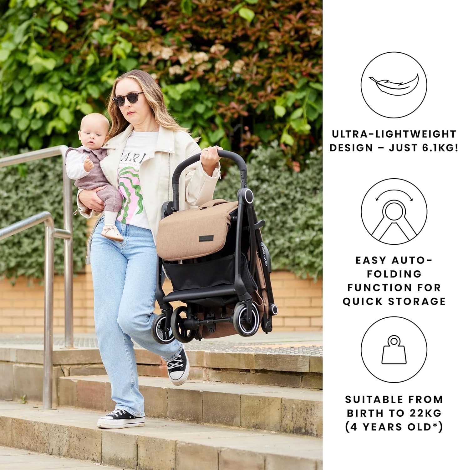 Feather - Light Baby Stroller Auto - Fold From Birth to 22kg Sage Green - Kwikley