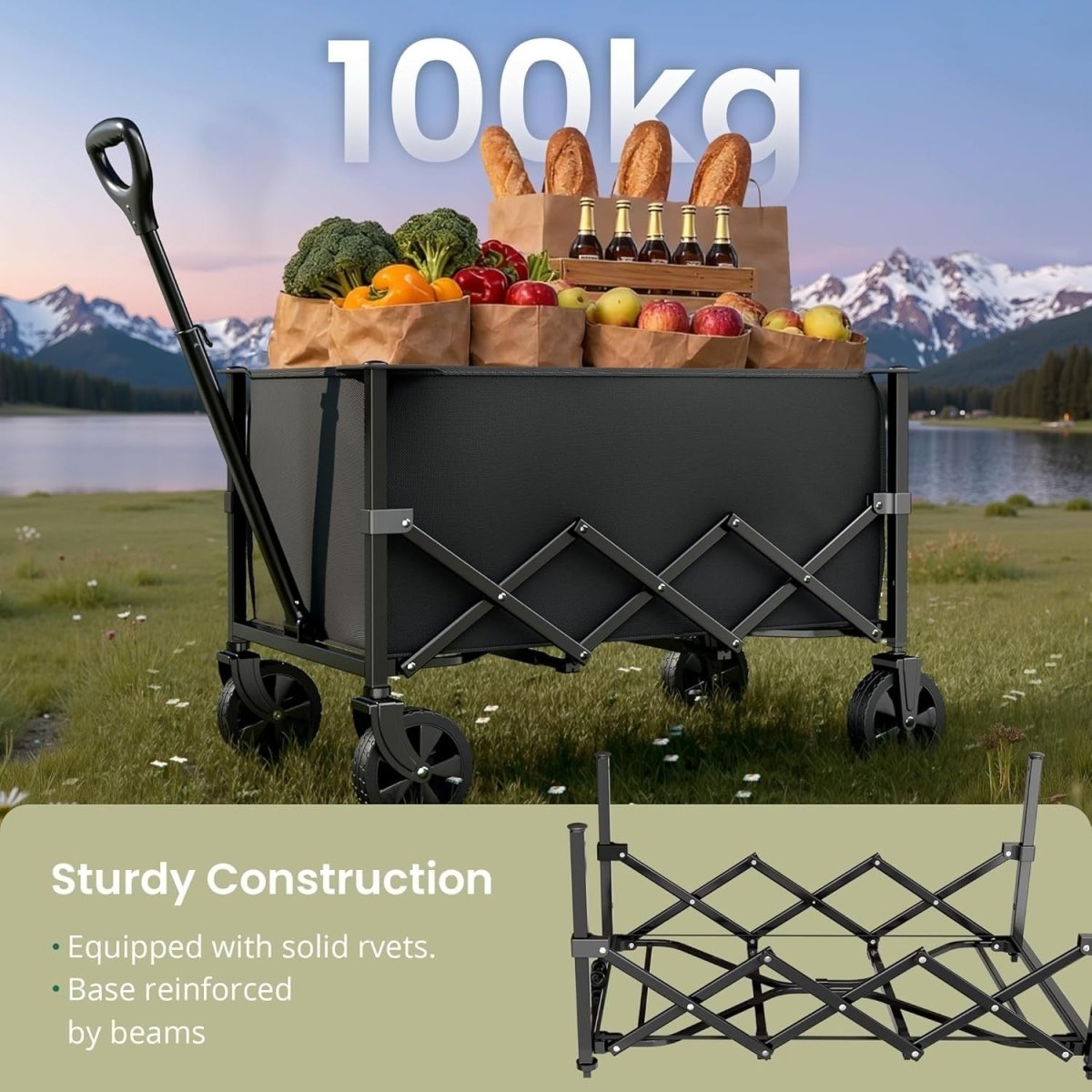 Festival Trolley on Wheels Folding Wagon Cart 70L Heavy Duty Utility - Kwikley