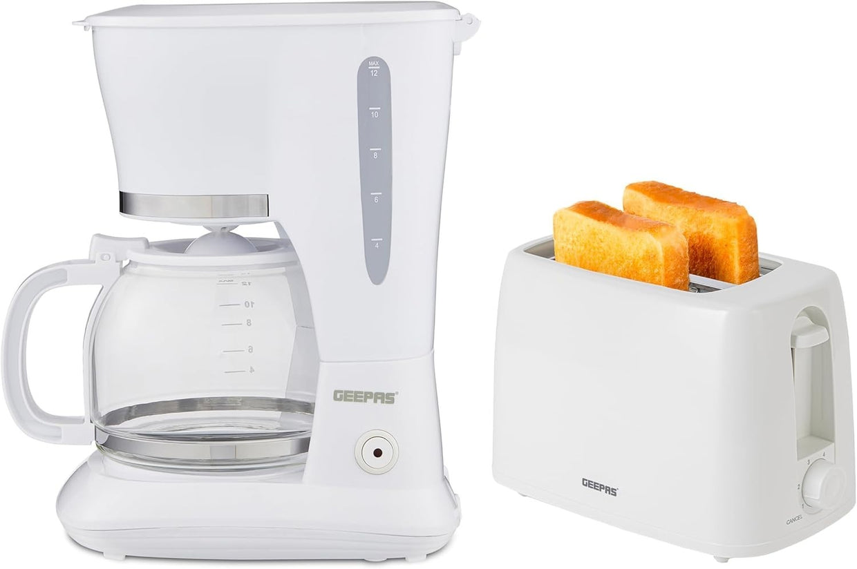 Filter Coffee Maker & 2 - Slice Toaster Set White | 1.5L Brewer | 650W Toaster - Kwikley
