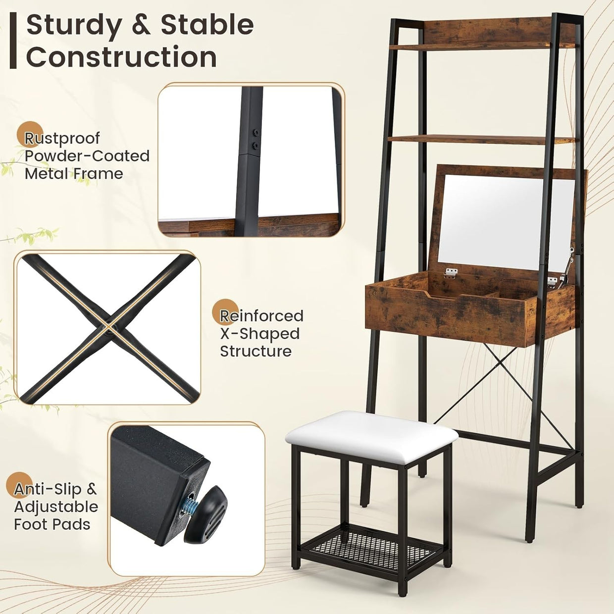 Flip - Top Vanity Makeup Table Desk with Mirror & Stool Set 2 Drawers Storage - Kwikley