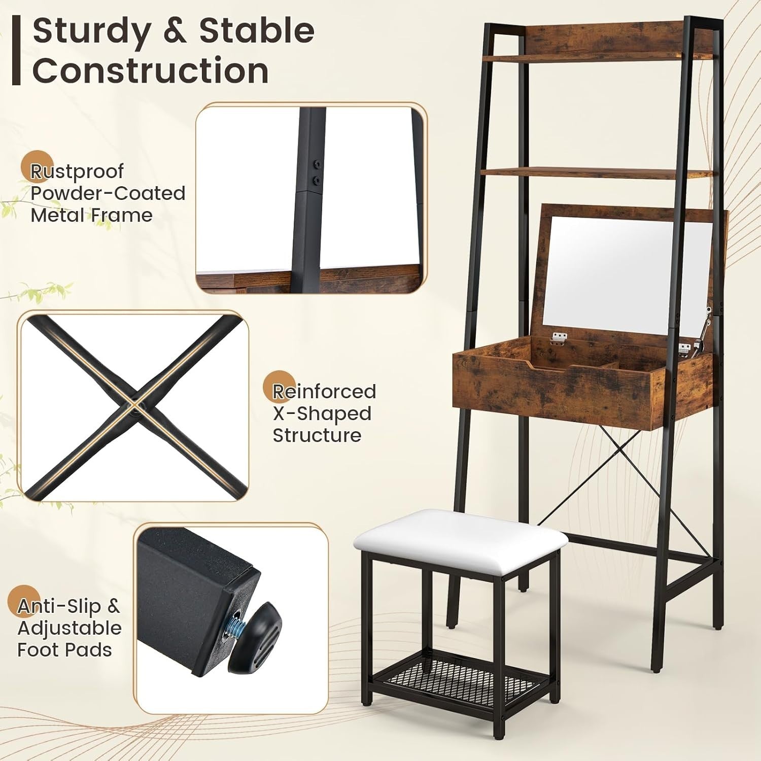 Flip - Top Vanity Makeup Table Desk with Mirror & Stool Set 2 Drawers Storage - Kwikley