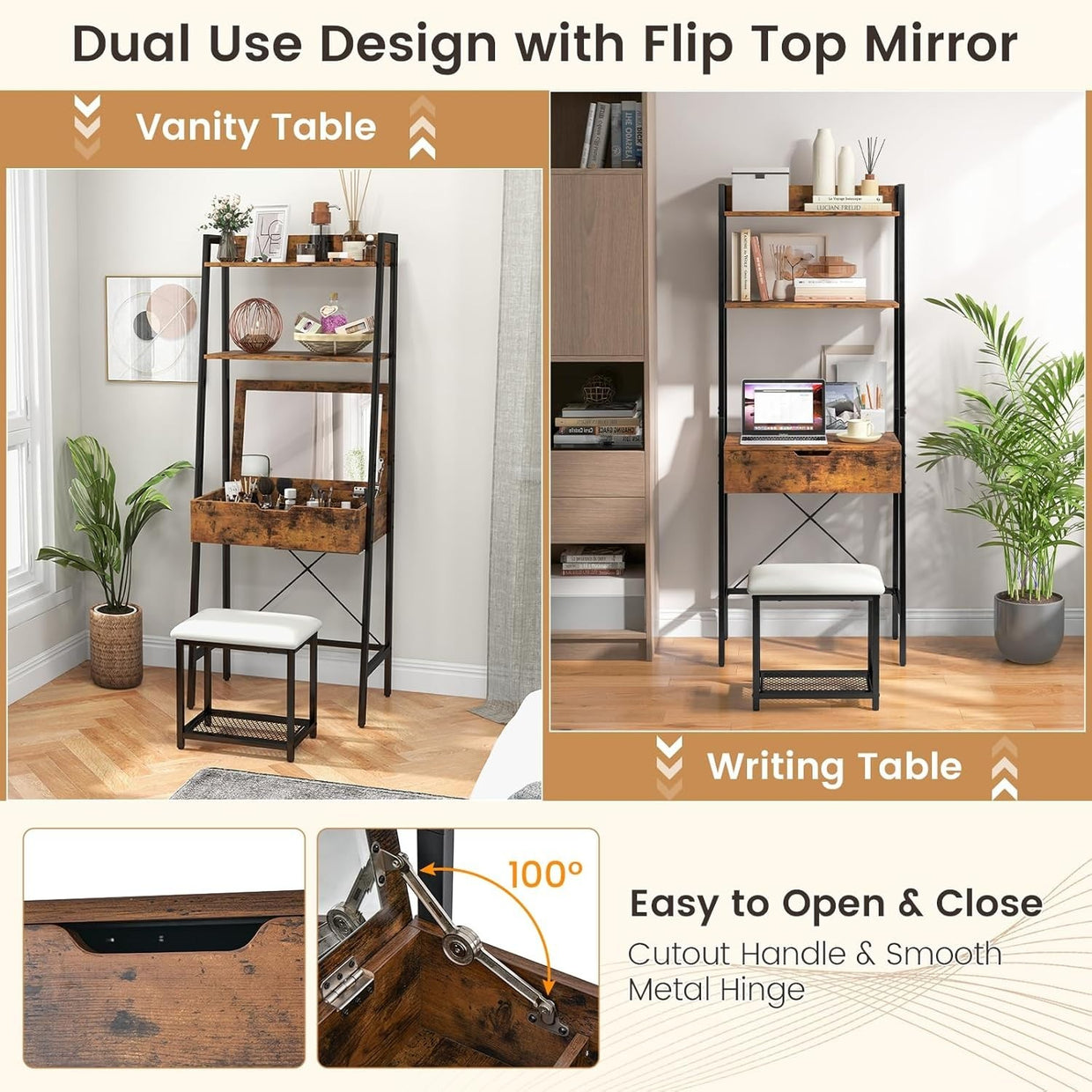 Flip - Top Vanity Makeup Table Desk with Mirror & Stool Set 2 Drawers Storage - Kwikley