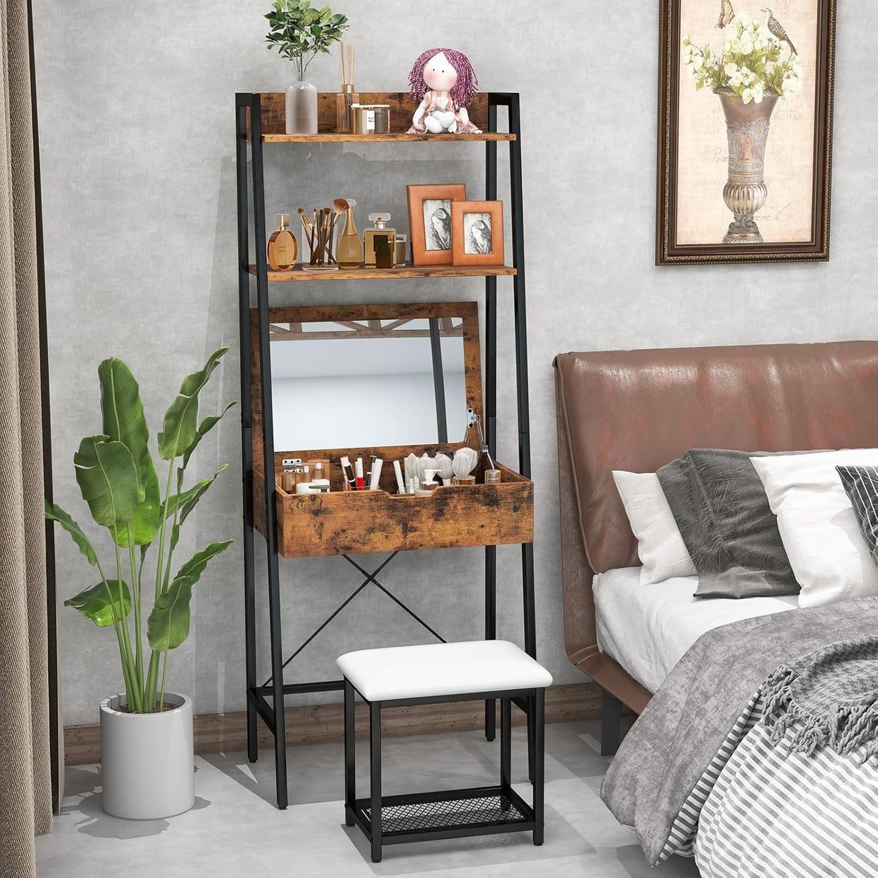 Flip - Top Vanity Makeup Table Desk with Mirror & Stool Set 2 Drawers Storage - Kwikley