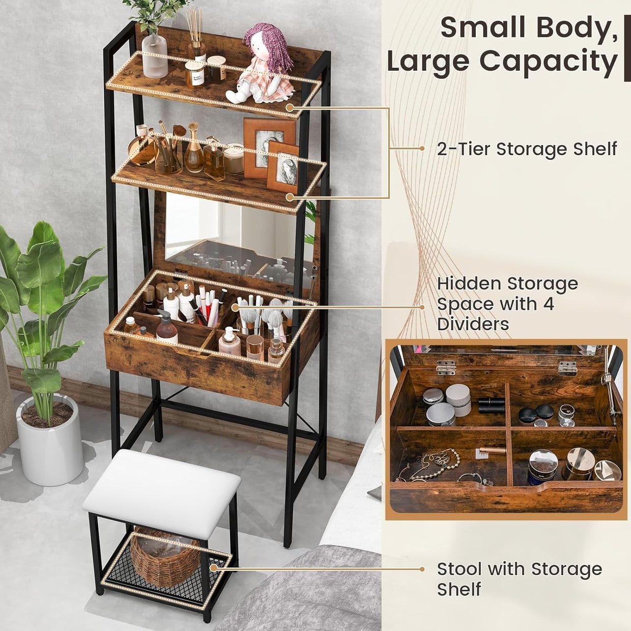 Flip - Top Vanity Makeup Table Desk with Mirror & Stool Set 2 Drawers Storage - Kwikley
